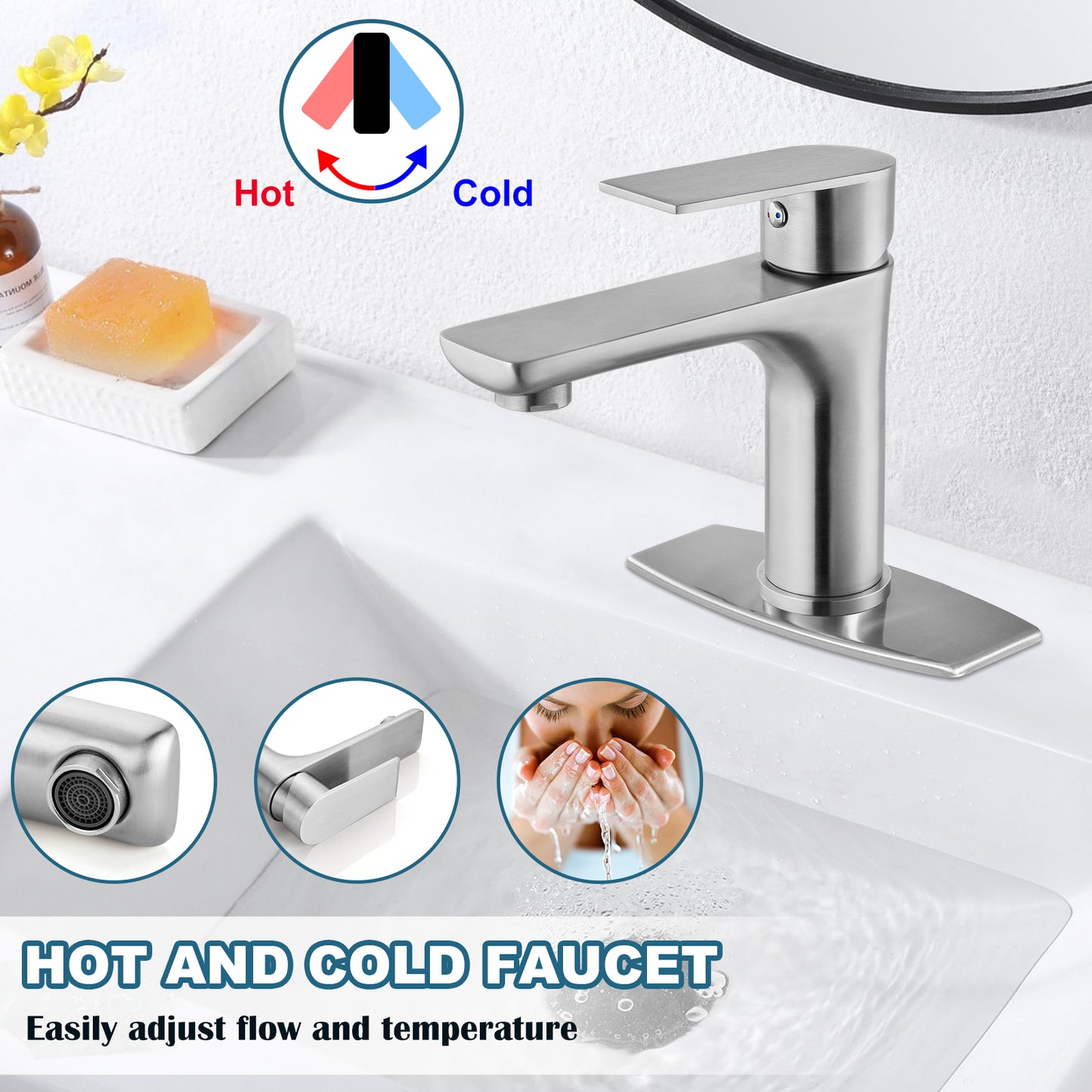 
                  
                    Midanya  Bathroom Sink Faucet Single Handle Single Hole Vanity Basin Hot & Cold Mixer Tap with Cover and Plate Pop Up Drain Commercial Modern Wash Basin Faucet Deck Simple Installation
                  
                