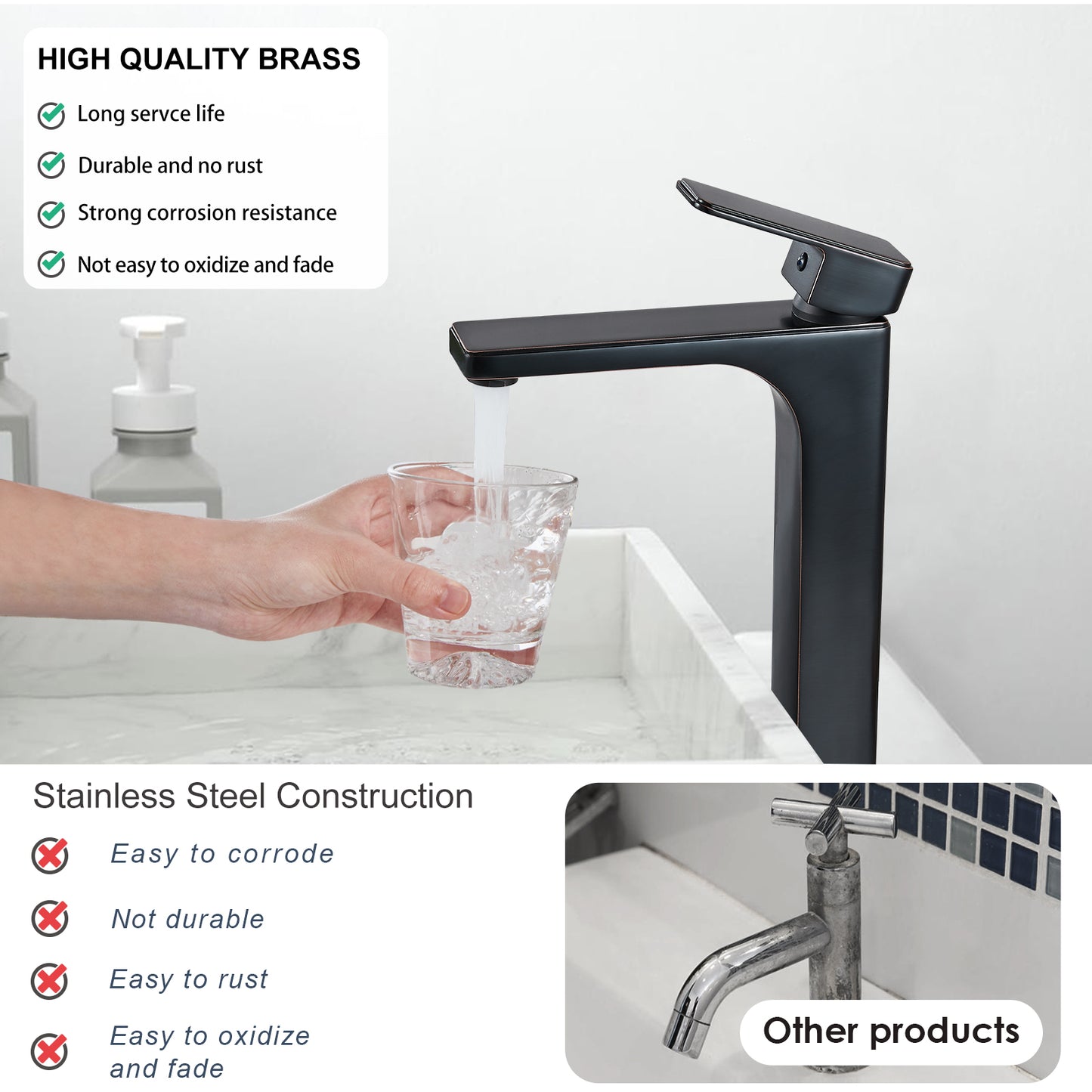 
                  
                    Bathroom Vessel Bowl Sink Faucet Tall Body Single Handle Lavatory Vanity Mixer Bar Tap with Pop Up Drain Tall Spout Single Hole Deck Mount Brass
                  
                