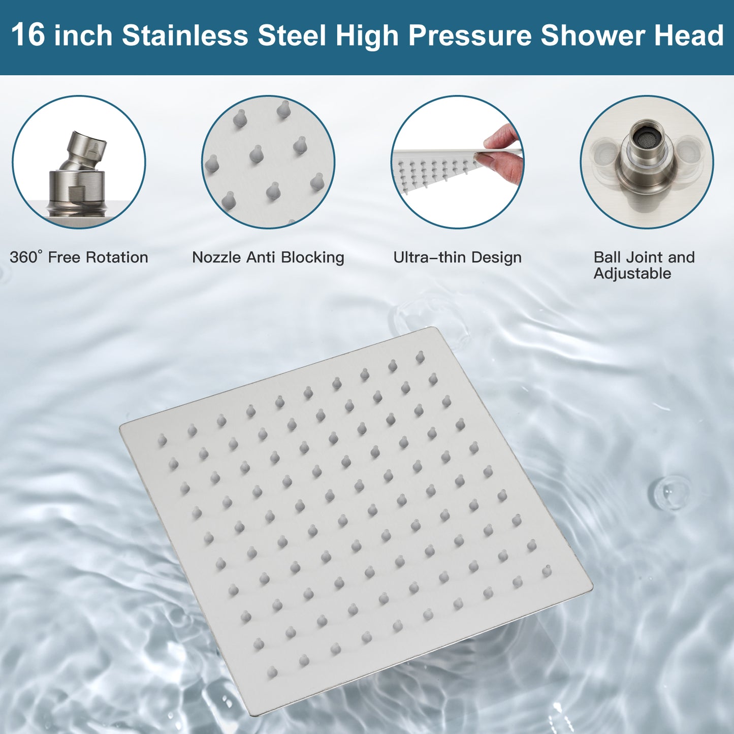 
                  
                    Midanya 16 Inch Rain Shower Head 16'' HIGH PRESSURE Square Stainless Steel 1/16" Ultra Thin Rain Large Showerhead Waterfall Full Body Coverage with Silicone Nozzle Swivel Connector
                  
                