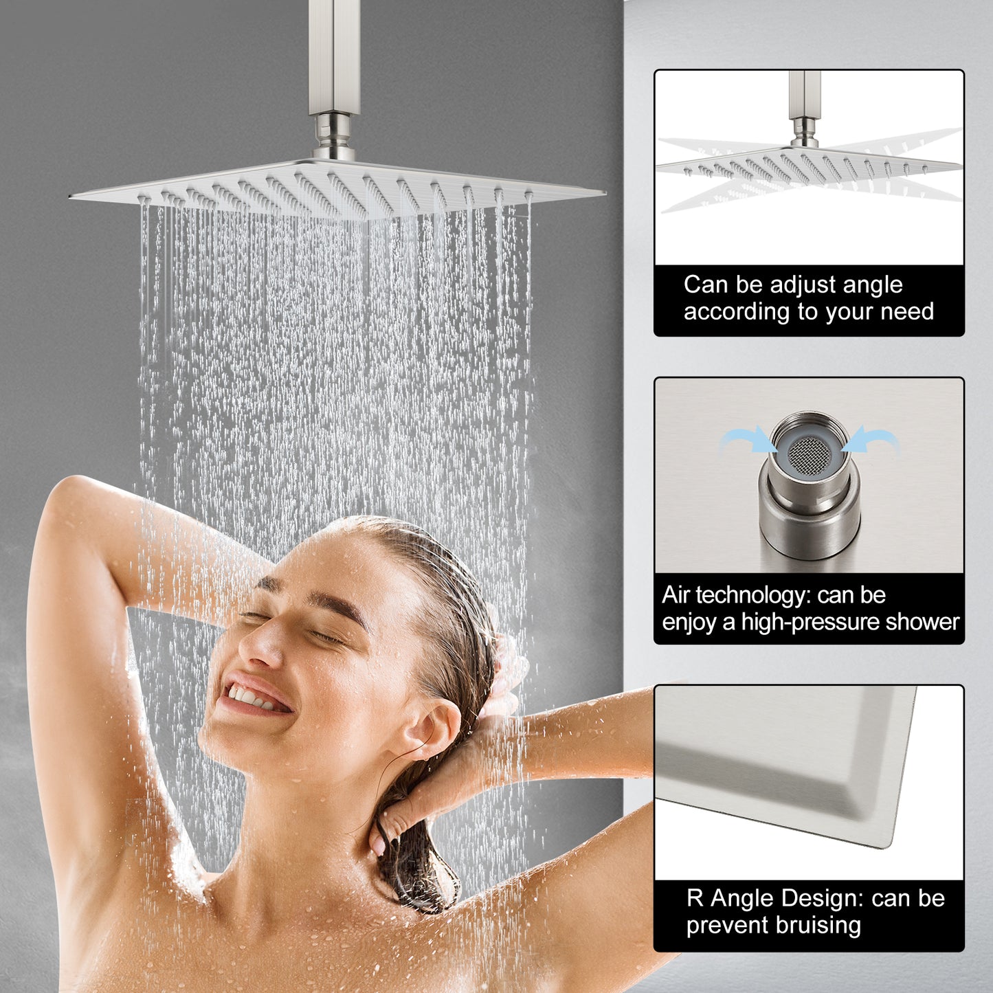 
                  
                    Midanya 12 inch  Rainfall Shower Head Square Stainless Steel Rain Showerhead High Pressure Waterfall Crackproof Coverage with Silicone Nozzle 1/16" Ultra Thin Design Swivel Connector
                  
                