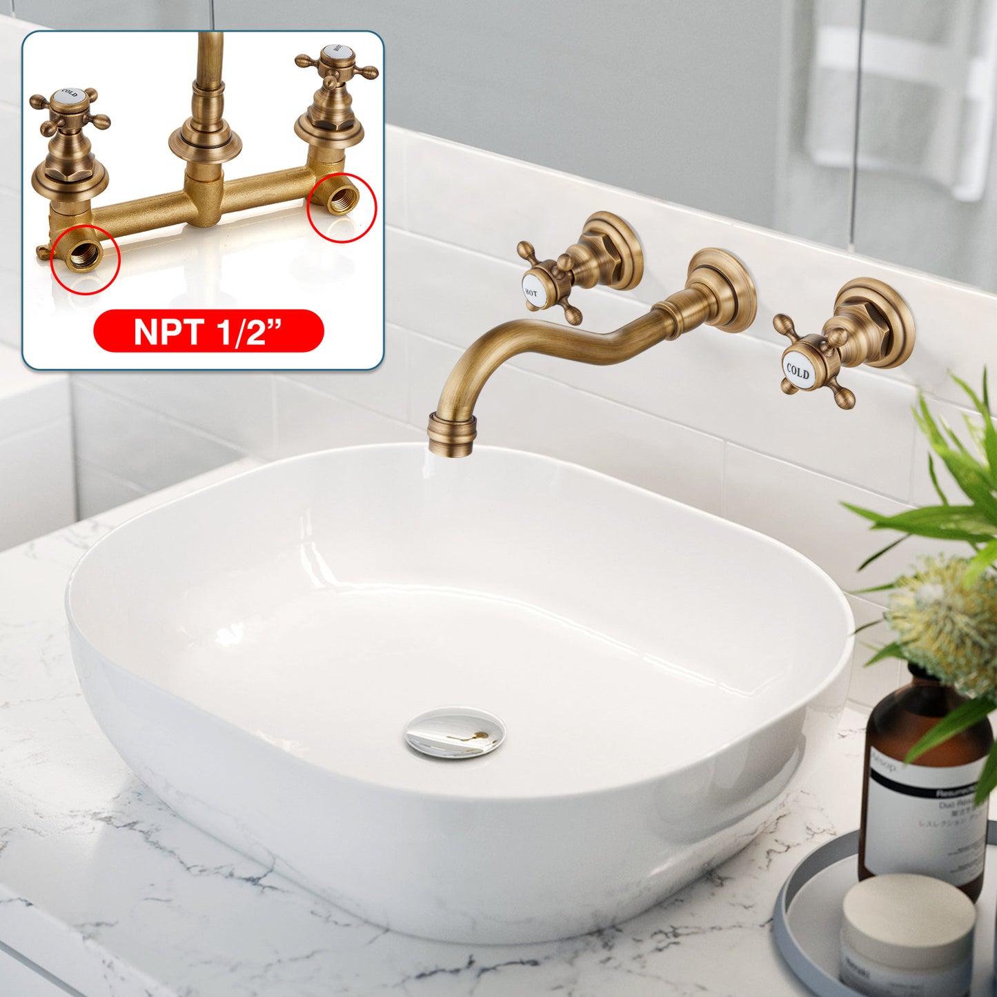 
                  
                    Midanya Bathroom Sink Faucet Widespread Wall Mount 3 Holes 2 Cross Knobs Brass Lavatory Vessel Basin Mixer Tap Mixing Spout Double Handles Commercial with Hot and Cold Signs
                  
                