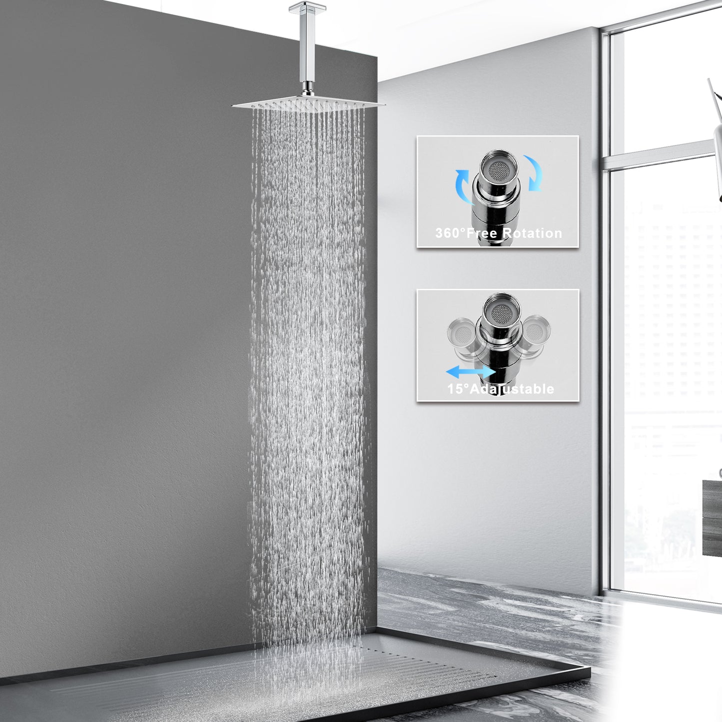 
                  
                    Midanya 12 inch  Rainfall Shower Head Square Stainless Steel Rain Showerhead High Pressure Waterfall Crackproof Coverage with Silicone Nozzle 1/16" Ultra Thin Design Swivel Connector
                  
                