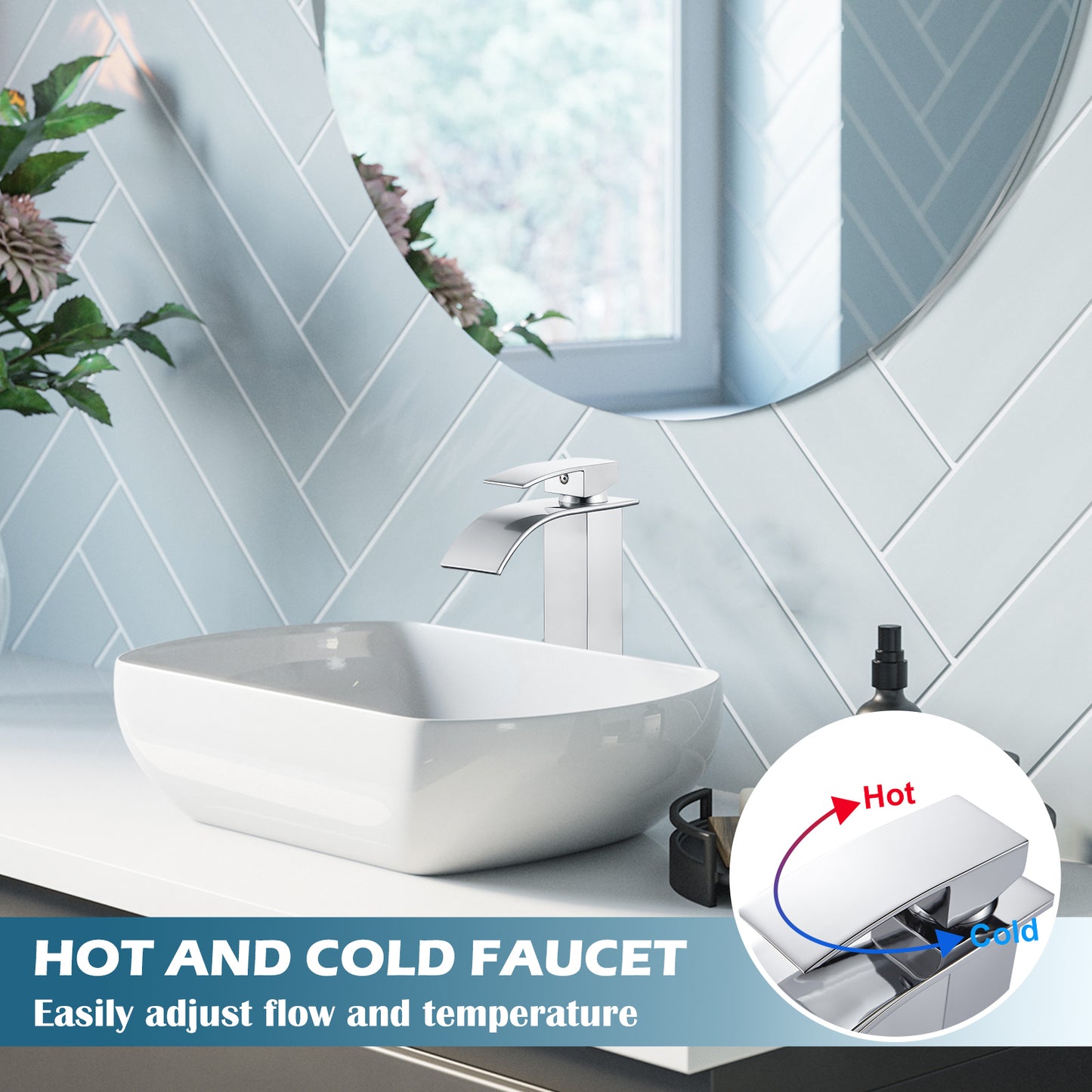 
                  
                    Midanya Waterfall Bathroom Bowl Vessel Sink Faucet Tall Single Handle Single Hole Deck Mount Mixer Tap with Large Rectangular Spout Sink Faucet Lavatory Vanity
                  
                