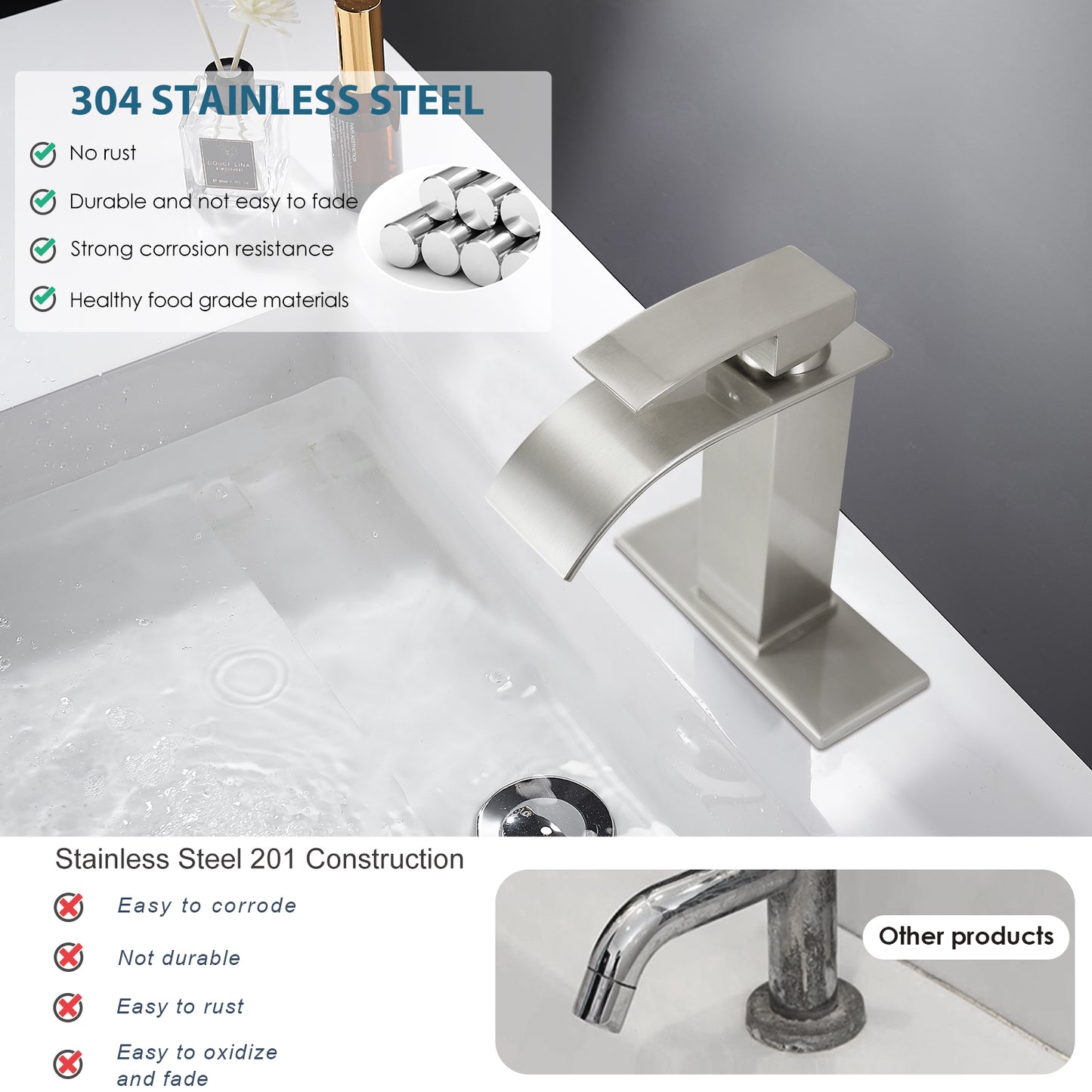 
                  
                    Midanya Bathroom Sink Faucet Waterfall Spout Single Handle 1 Hole Deck Mount Hot & Cold Water Mixer Tap Lavatory Vanity Sink Faucet Commercial with Deck Plate
                  
                