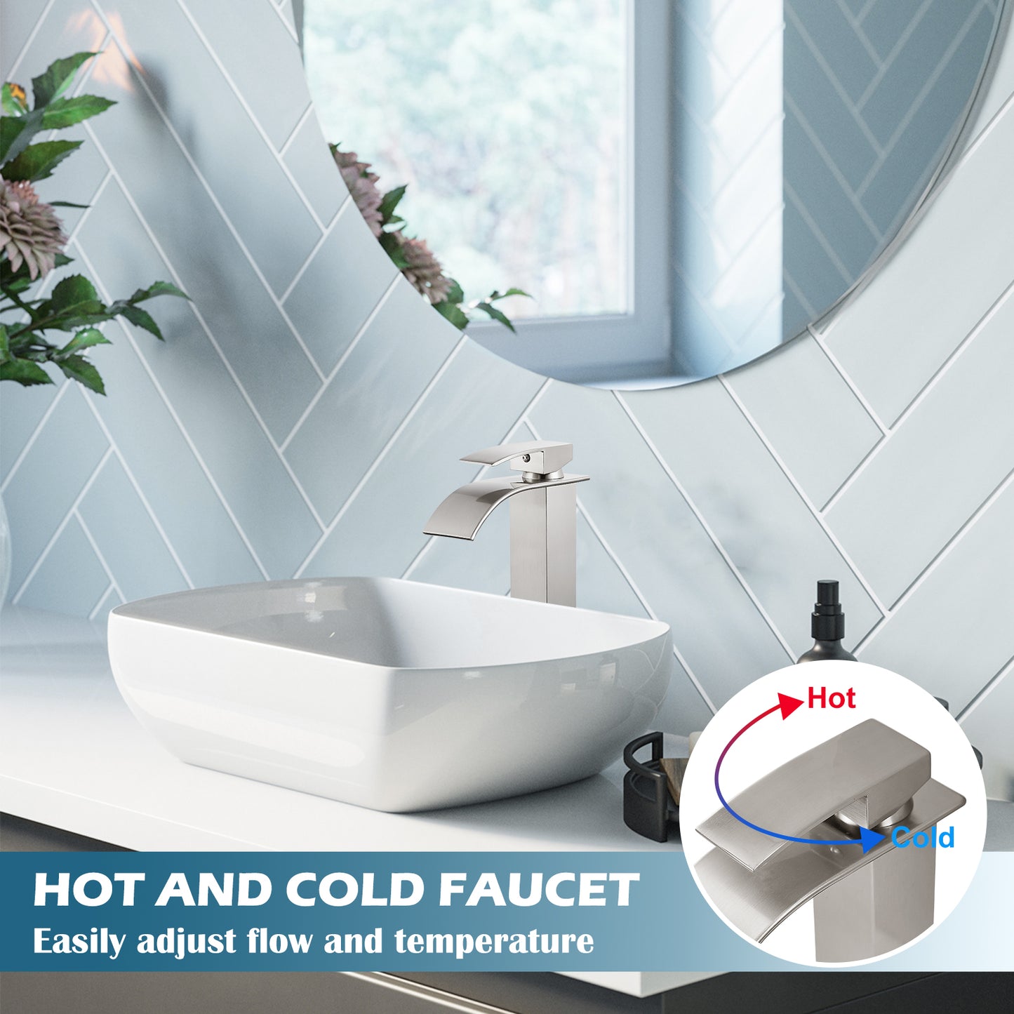 
                  
                    Midanya Waterfall Bathroom Bowl Vessel Sink Faucet Tall Single Handle Single Hole Deck Mount Mixer Tap with Large Rectangular Spout Sink Faucet Lavatory Vanity
                  
                