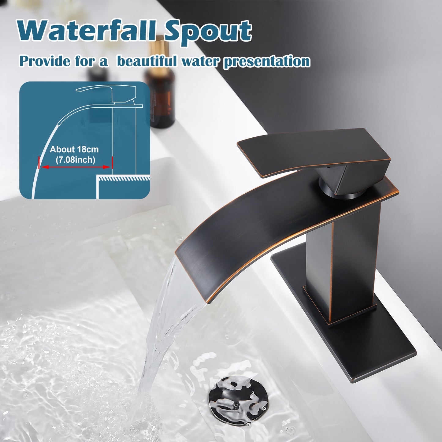 
                  
                    Midanya Bathroom Sink Faucet Waterfall Spout Single Handle 1 Hole Deck Mount Hot & Cold Water Mixer Tap Lavatory Vanity Sink Faucet Commercial with Deck Plate
                  
                