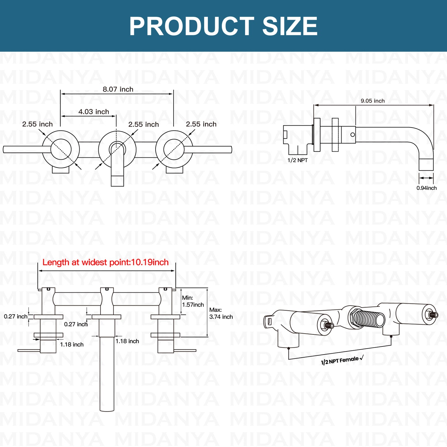 
                  
                    Midanya  Widespread Bathroom Sink Faucet 2 Level Handles 3 Hole Vanity Sink Faucet Wall Mount Brass Lavatory Basin Mixing Tap 360 Degree Swivel Spout with Rough in Valve Included
                  
                