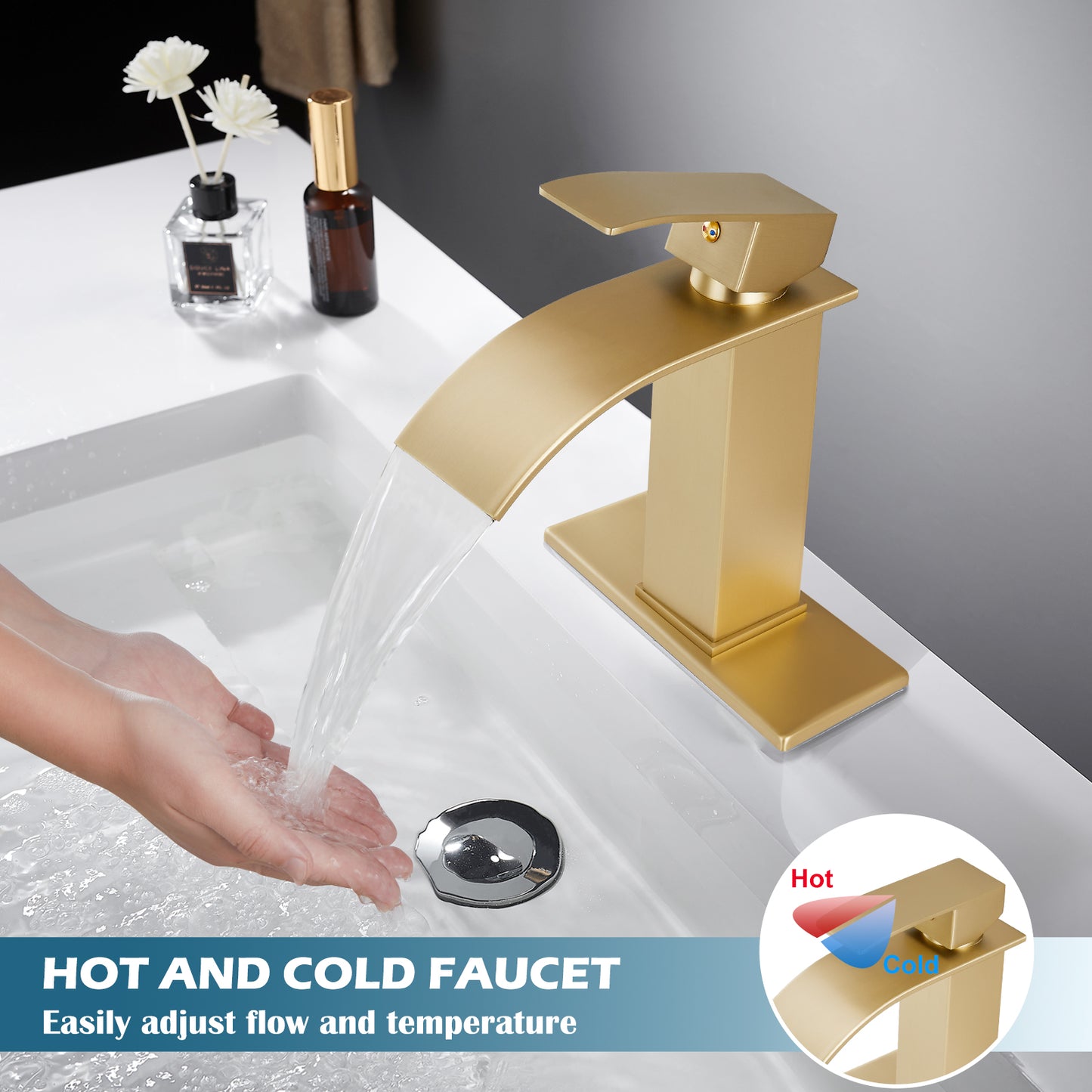 
                  
                    Midanya Bathroom Sink Faucet Waterfall Spout Single Handle 1 Hole Deck Mount Hot & Cold Water Mixer Tap Lavatory Vanity Sink Faucet Commercial with Deck Plate
                  
                