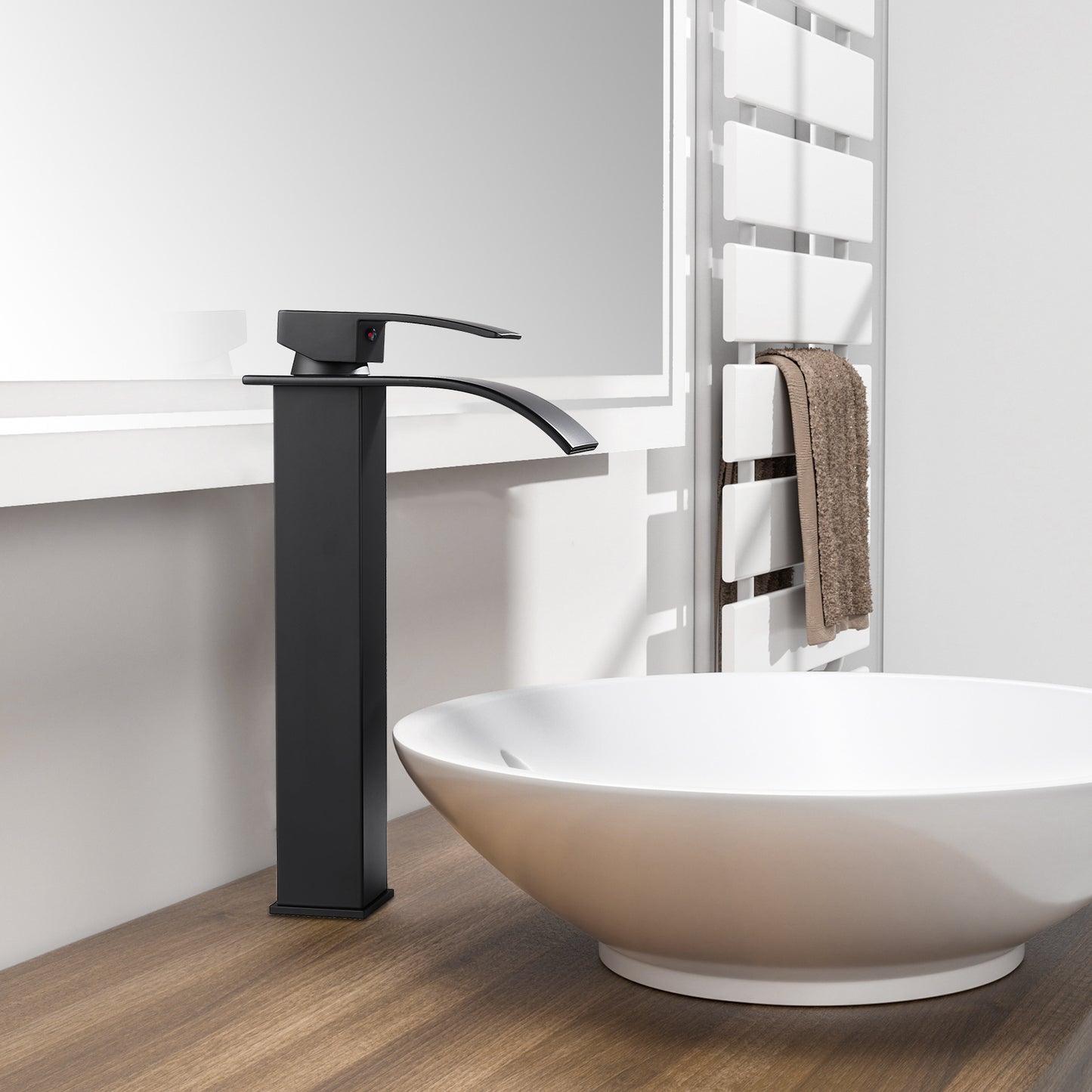 
                  
                    Midanya Waterfall Bathroom Bowl Vessel Sink Faucet Tall Single Handle Single Hole Deck Mount Mixer Tap with Large Rectangular Spout Sink Faucet Lavatory Vanity
                  
                