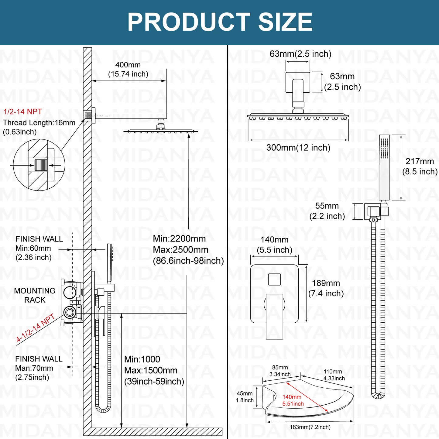 
                  
                    Midanya Rain Shower System 12 Inch Tub Shower Faucet Set Square Rainfall Shower Head with Handheld Sprayer and Waterfall Tub Spout Wall Mount Rough-in Valve 3-Function Mixer Combo
                  
                