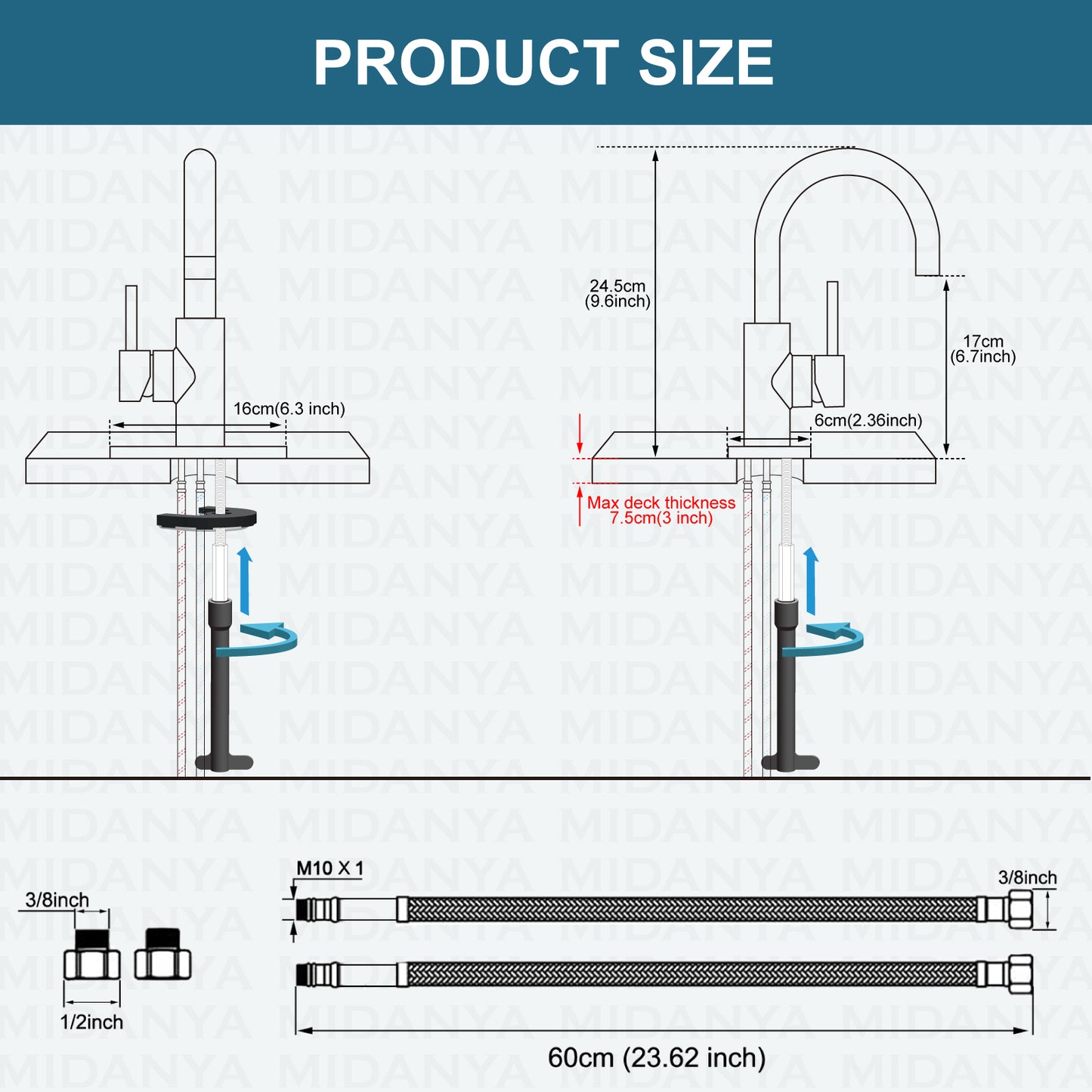 
                  
                    Midanya Single Handle Bathroom Sink Faucet, Wet Bar Pre-Kitchen Farmhouse RV Small Vanity Faucet with 360°Rotation Spout with Deck Plate, Supply Hoses and Drain Stopper
                  
                