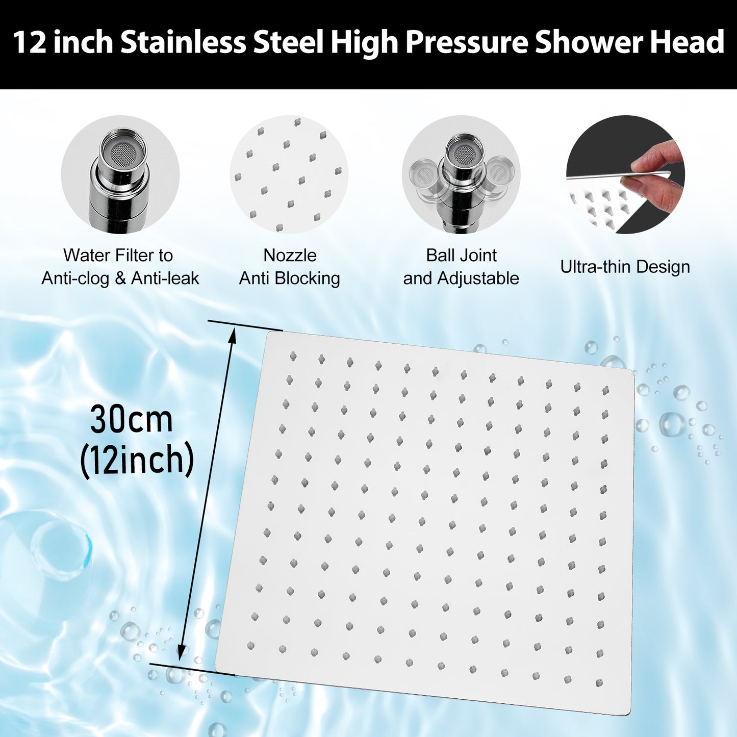 
                  
                    Midanya 12 inch  Rainfall Shower Head Square Stainless Steel Rain Showerhead High Pressure Waterfall Crackproof Coverage with Silicone Nozzle 1/16" Ultra Thin Design Swivel Connector
                  
                
