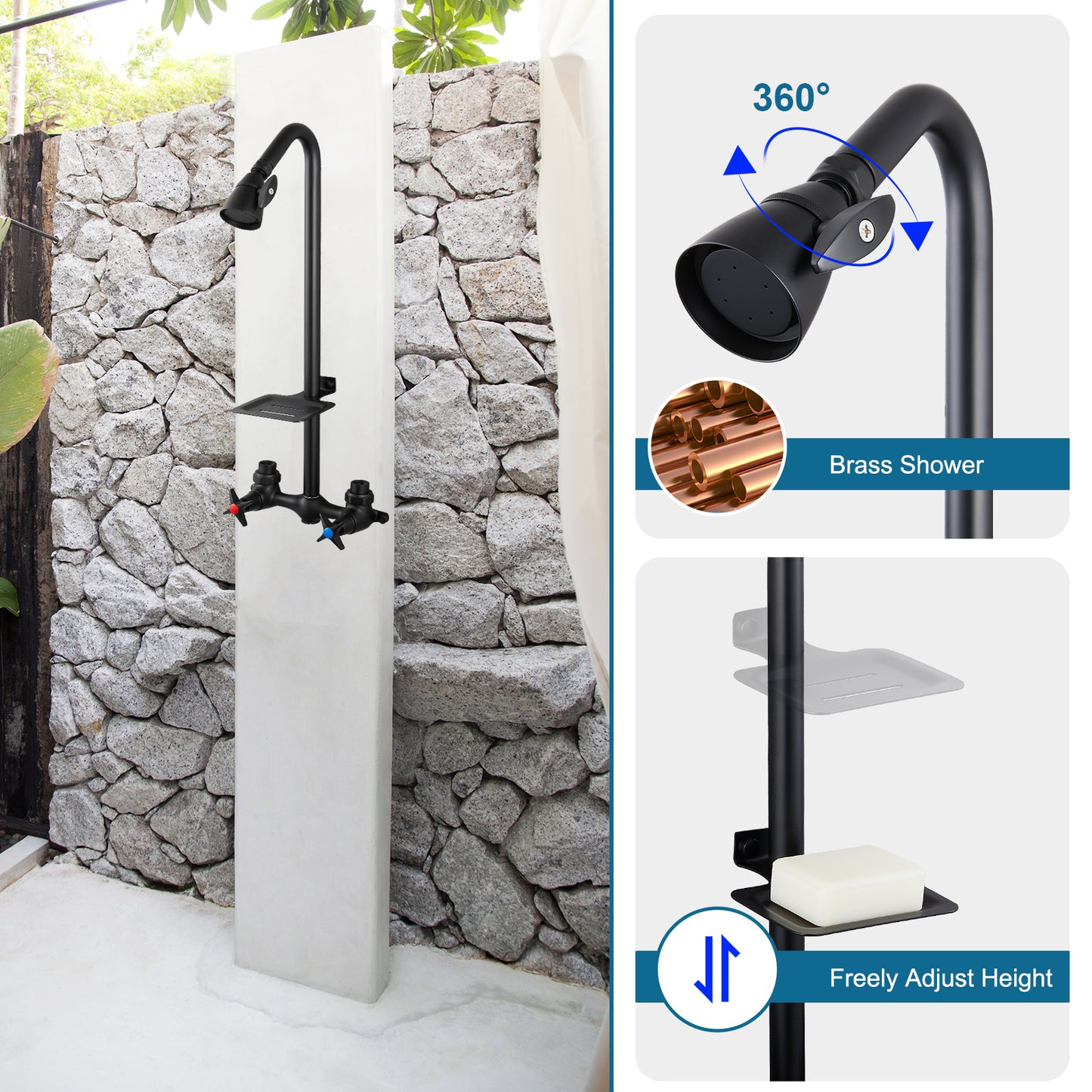 
                  
                    Outdoor Shower Fixtures Faucet Kit Wall Mounted with Dual Cross Handles Brass Mix Valve Adjustable Utility Shower Head Exposed Shower System with Soap Dish
                  
                