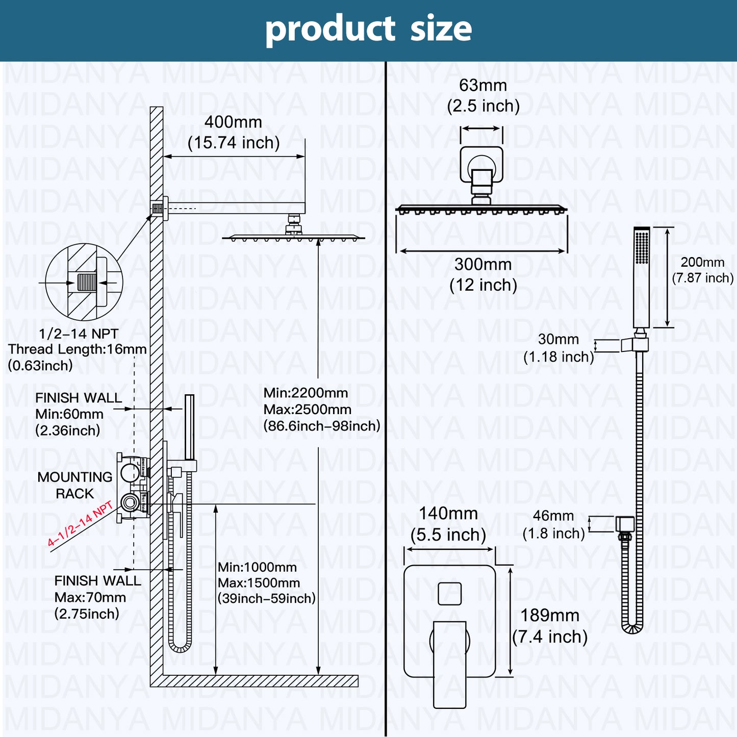 
                  
                    Midanya  Rain Shower System Wall Mount Shower Faucet Set 12 Inch Square High Pressure Showerhead with Hand Sprayer Rough-In Valve Body and Trim Included Mixer Shower Combo Set Bathroom
                  
                