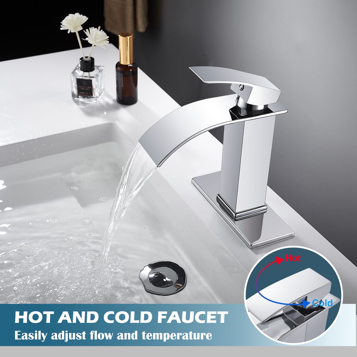 
                  
                    Midanya Bathroom Sink Faucet Waterfall Spout Single Handle 1 Hole Deck Mount Hot & Cold Water Mixer Tap Lavatory Vanity Sink Faucet Commercial with Deck Plate
                  
                