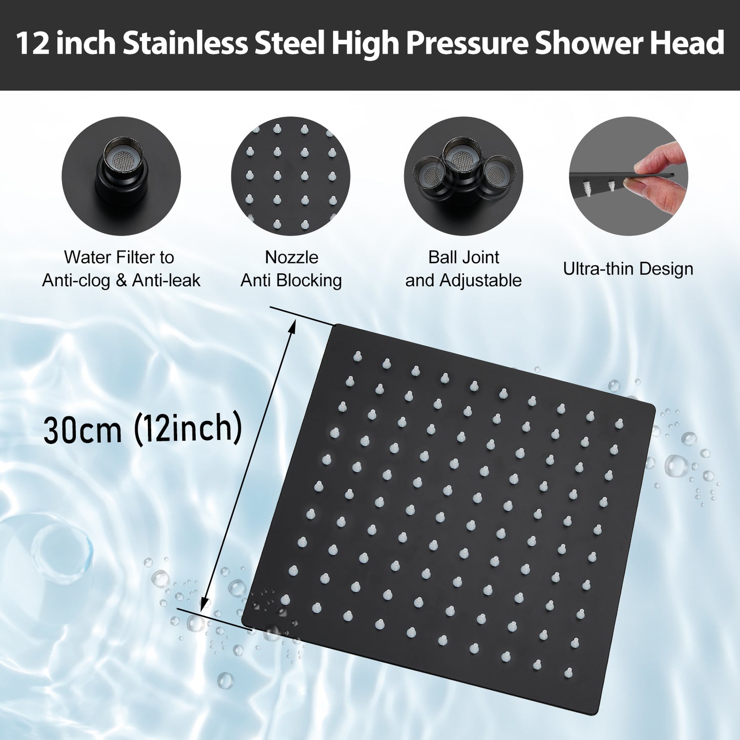 
                  
                    Midanya 12 inch  Rainfall Shower Head Square Stainless Steel Rain Showerhead High Pressure Waterfall Crackproof Coverage with Silicone Nozzle 1/16" Ultra Thin Design Swivel Connector
                  
                