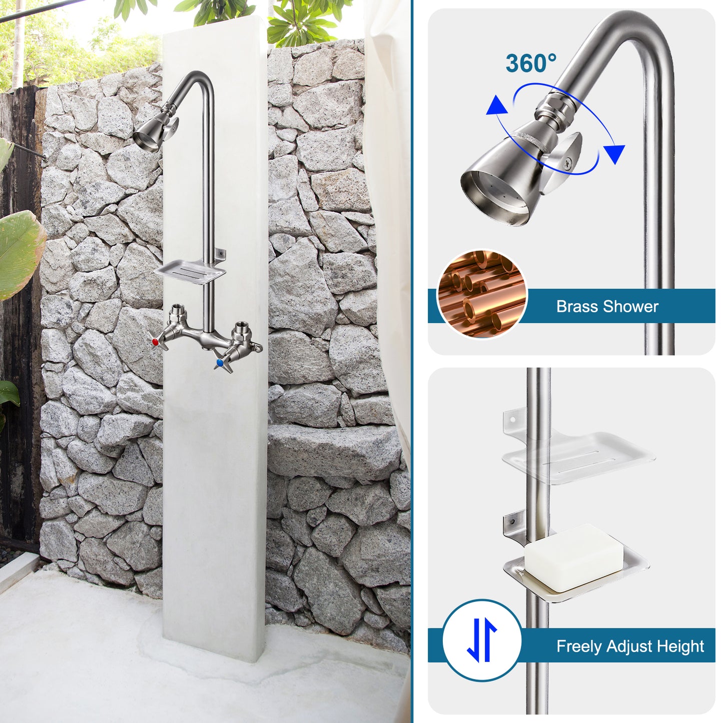 
                  
                    Outdoor Shower Fixtures Faucet Kit Wall Mounted with Dual Cross Handles Brass Mix Valve Adjustable Utility Shower Head Exposed Shower System with Soap Dish
                  
                
