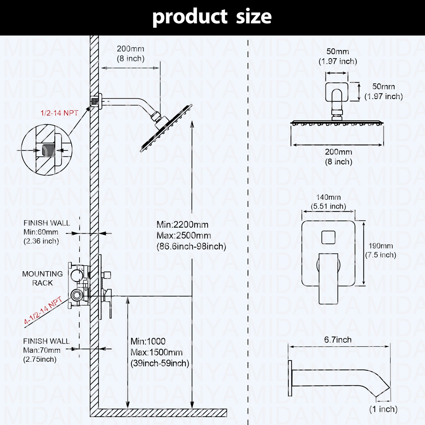 
                  
                    Midanya Tub and Shower Faucet Set Shower System with 8-Inch Rain Shower Head and Tub Spout Wall Mount Shower Valve and Trim Kit Included
                  
                