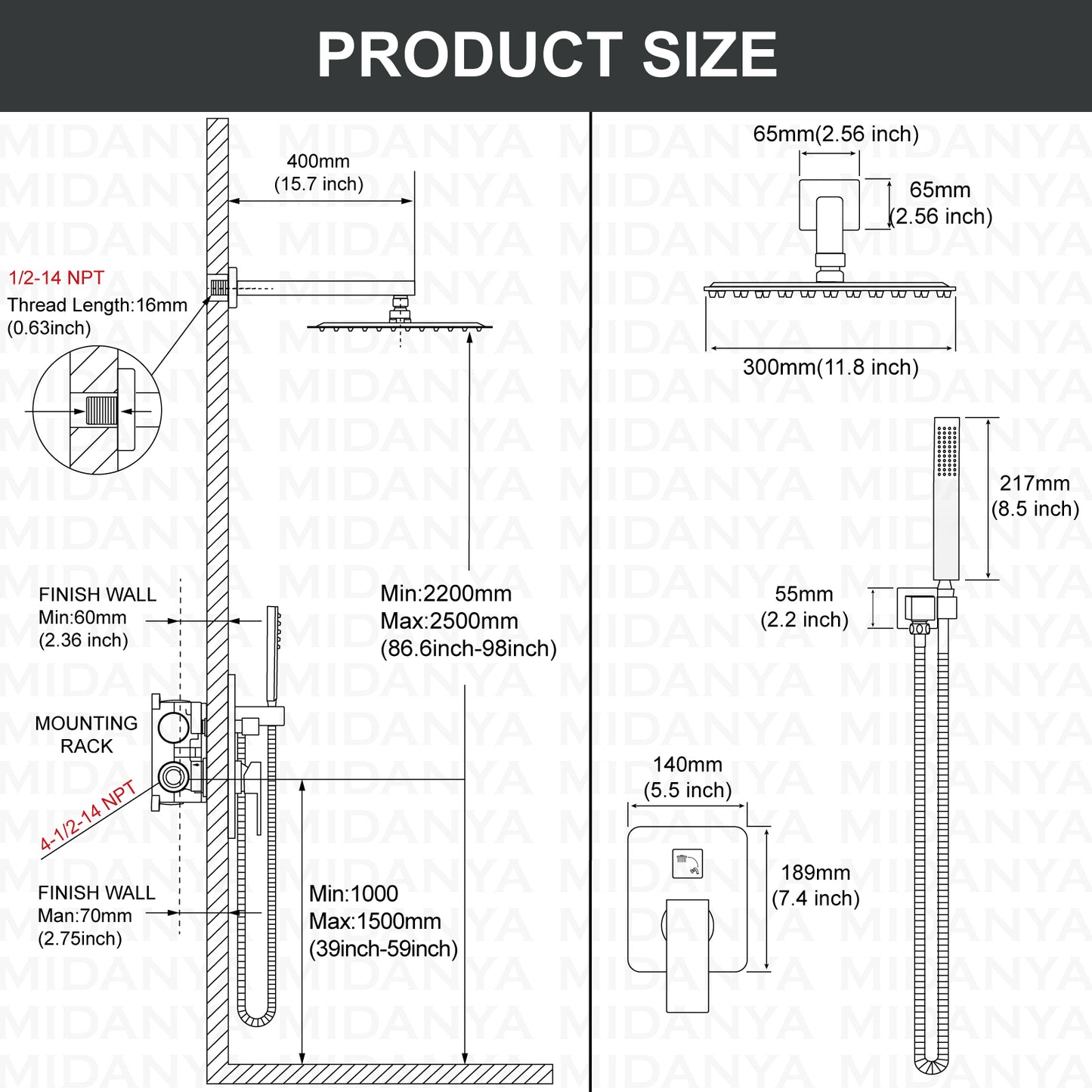 
                  
                    Midanya Rain Shower System 12 Inch Square Rainfall High Pressure Shower Head Wall Mount Shower Faucet Set with Hand Sprayer and Rough-in Valve Trim Kit Bathroom Mixer Shower Combo Set
                  
                