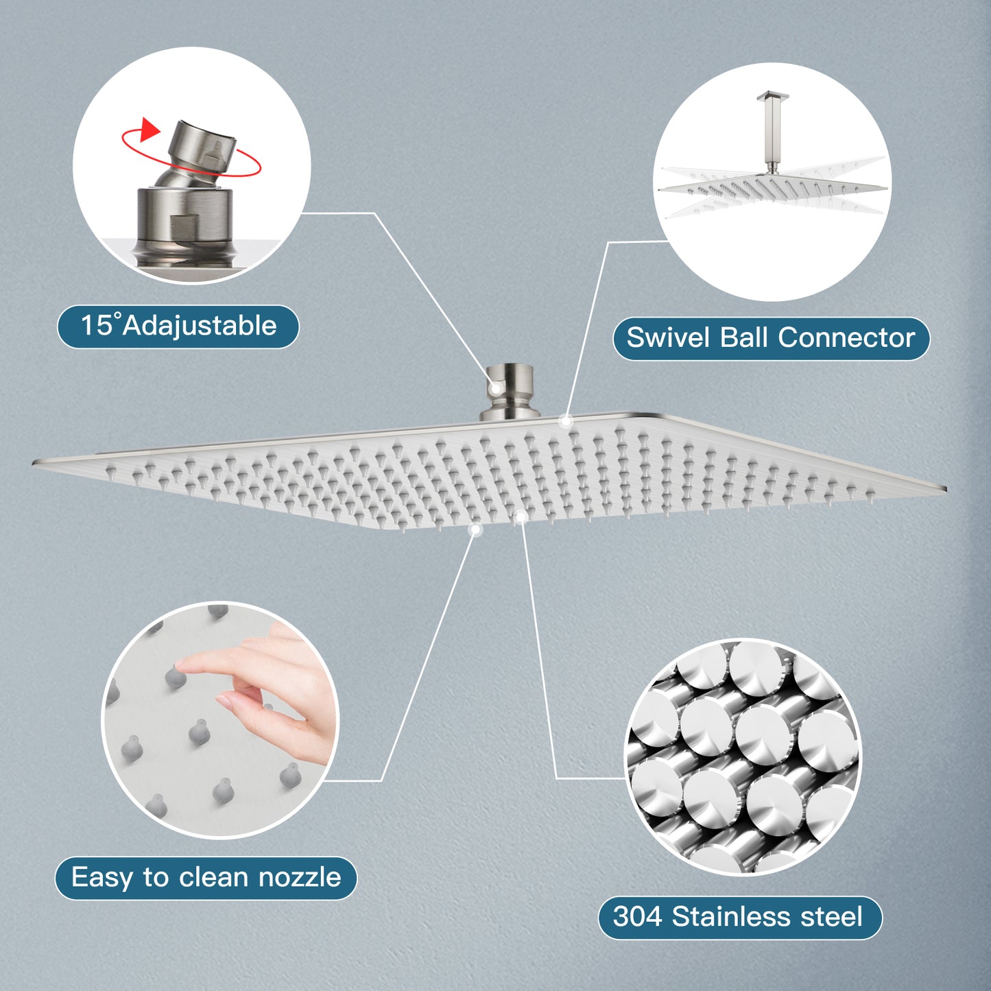 
                  
                    Midanya 16 Inch Rain Shower Head 16'' HIGH PRESSURE Square Stainless Steel 1/16" Ultra Thin Rain Large Showerhead Waterfall Full Body Coverage with Silicone Nozzle Swivel Connector
                  
                