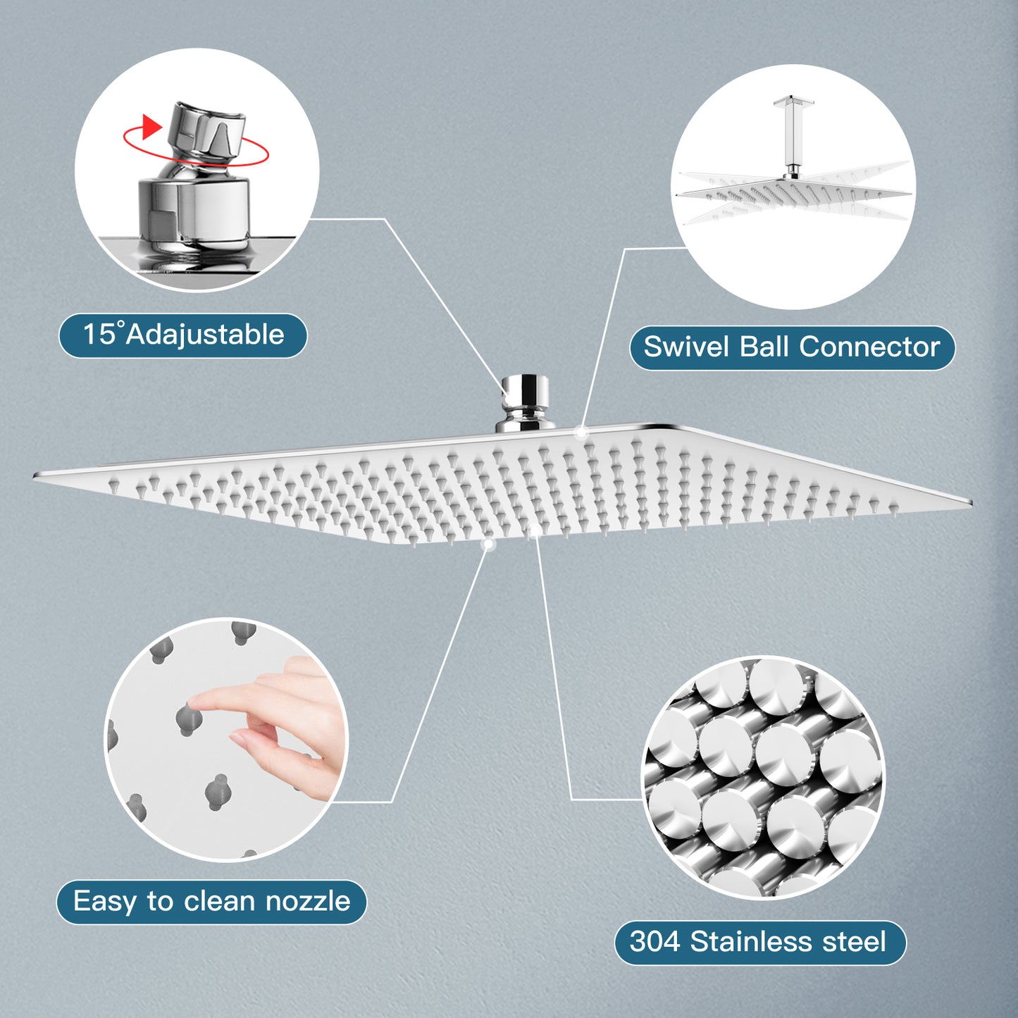 
                  
                    Midanya 16 Inch Rain Shower Head 16'' HIGH PRESSURE Square Stainless Steel 1/16" Ultra Thin Rain Large Showerhead Waterfall Full Body Coverage with Silicone Nozzle Swivel Connector
                  
                