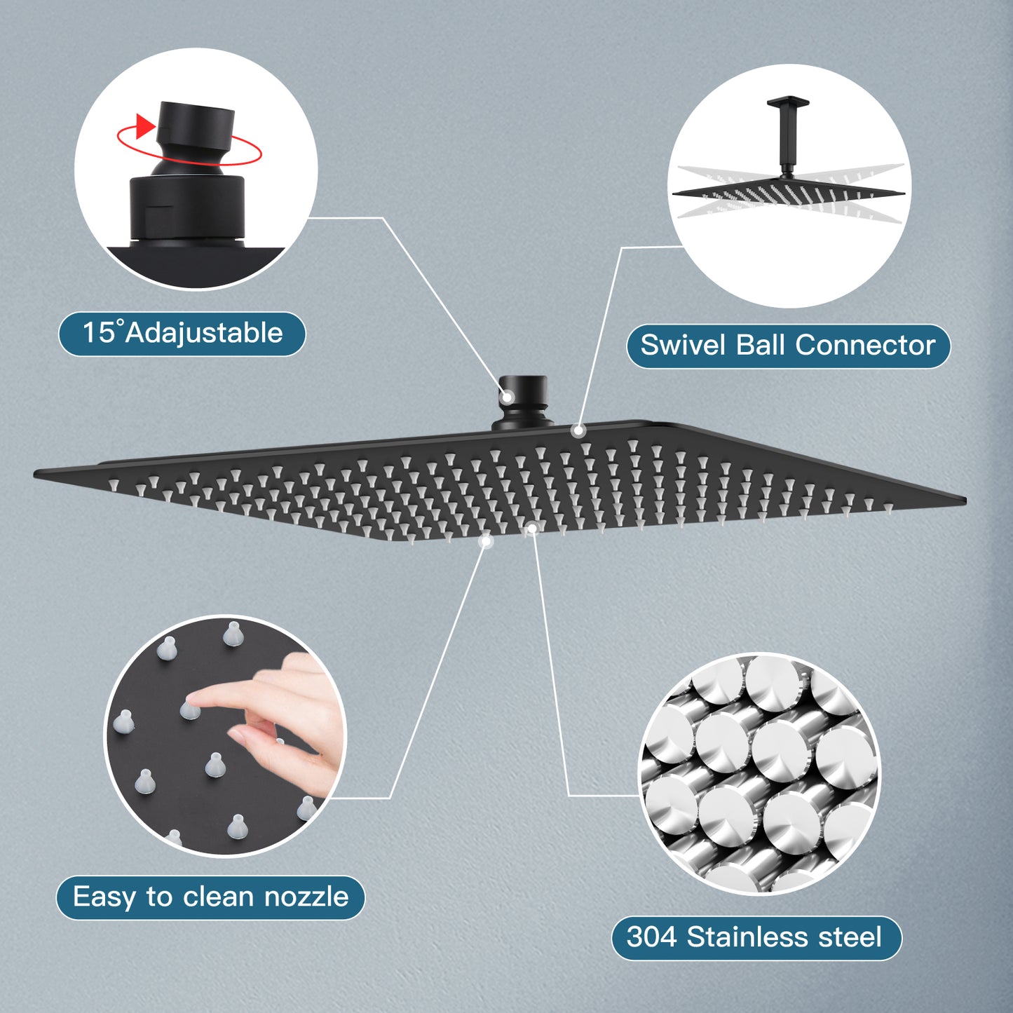 
                  
                    Midanya 16 Inch Rain Shower Head 16'' HIGH PRESSURE Square Stainless Steel 1/16" Ultra Thin Rain Large Showerhead Waterfall Full Body Coverage with Silicone Nozzle Swivel Connector
                  
                