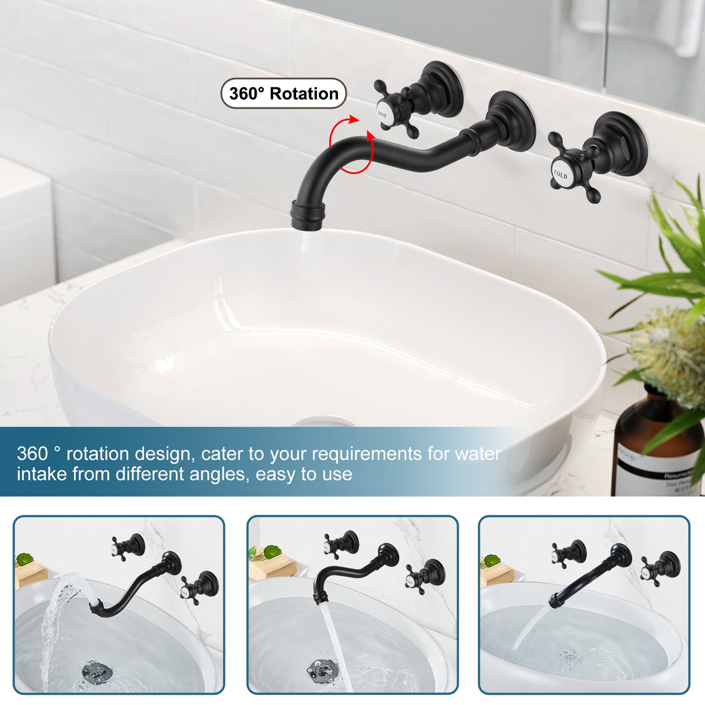 
                  
                    Midanya Bathroom Sink Faucet Widespread Wall Mount 3 Holes 2 Cross Knobs Brass Lavatory Vessel Basin Mixer Tap Mixing Spout Double Handles Commercial with Hot and Cold Signs
                  
                