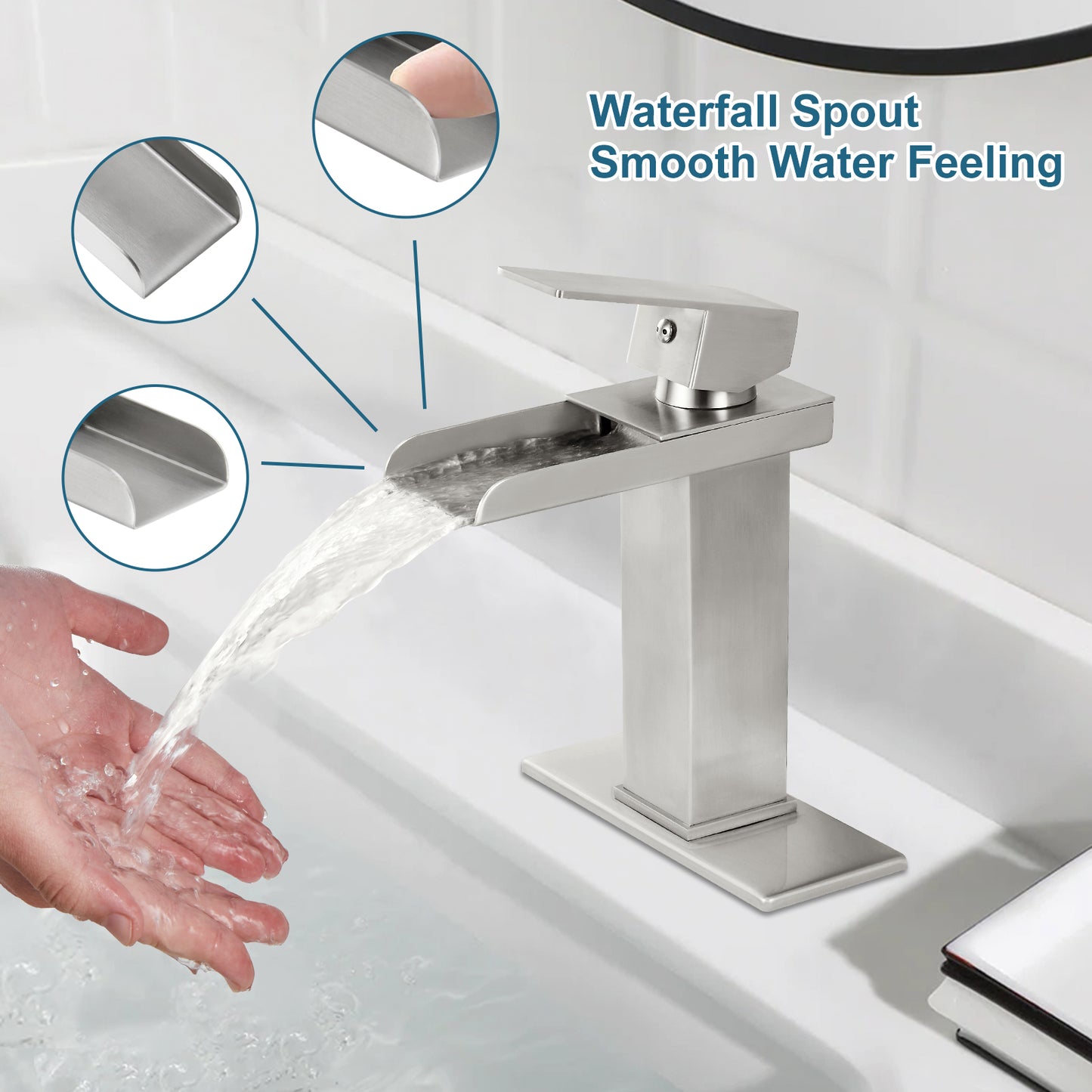 
                  
                    Midanya Waterfall Bathroom Faucet 1 Hole Single Handle Sink Vanity Faucet Wide Mouth Spout with with Pop Up Drain and Deck Mount Plate Lavatory Modern Commercial Mixer Tap
                  
                