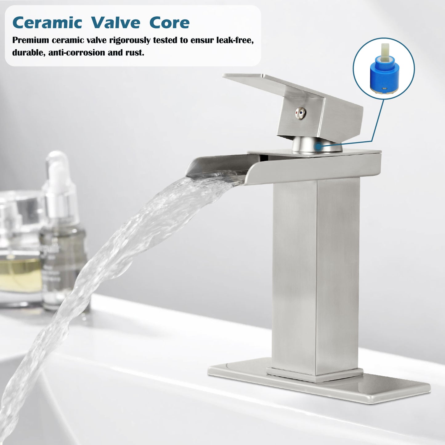
                  
                    Midanya Waterfall Bathroom Faucet 1 Hole Single Handle Sink Vanity 4 inch Faucet Wide Mouth Spout with Deck Mount Plate & Water Supply Lines Hose Lavatory Modern Commercial Mixer Tap
                  
                