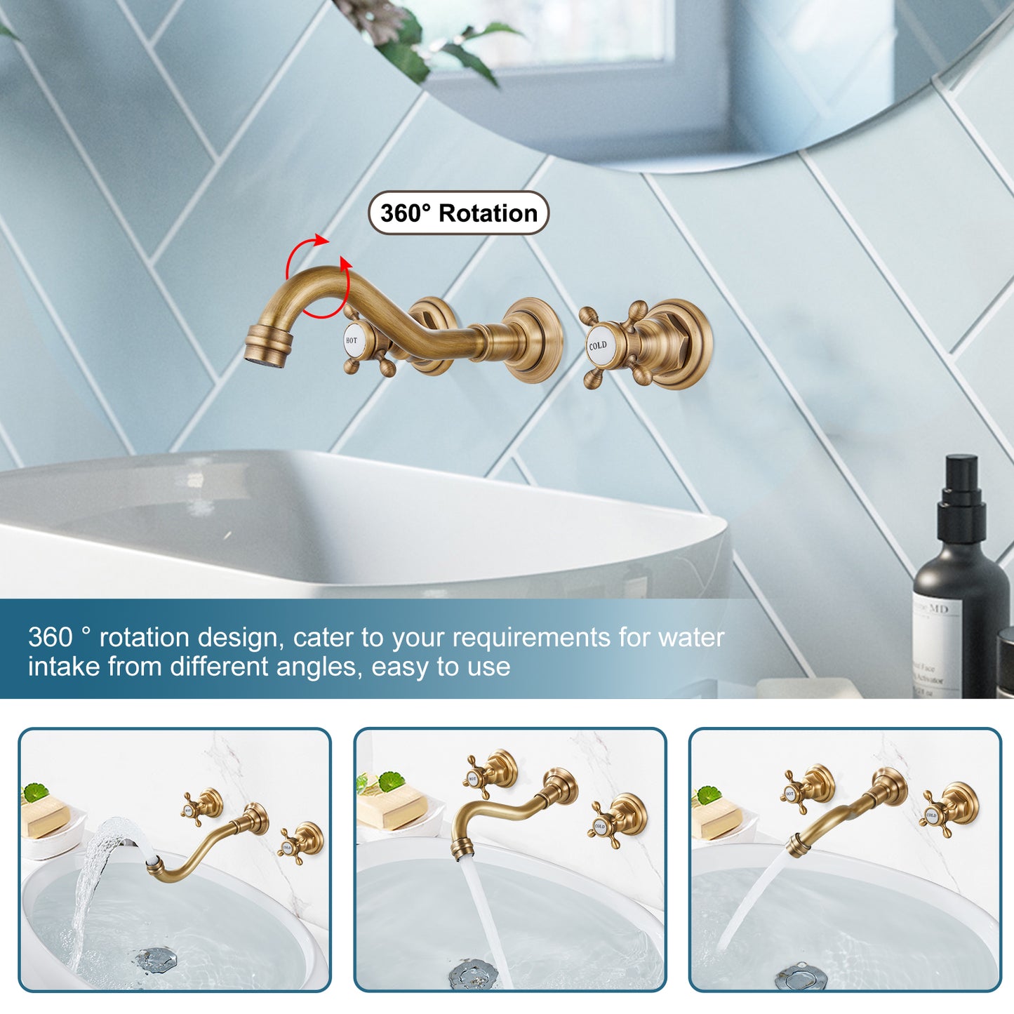 
                  
                    Midanya Bathroom Sink Faucet Widespread Wall Mount 3 Holes 2 Cross Knobs Brass Lavatory Vessel Basin Mixer Tap Mixing Spout Double Handles Commercial with Hot and Cold Signs
                  
                