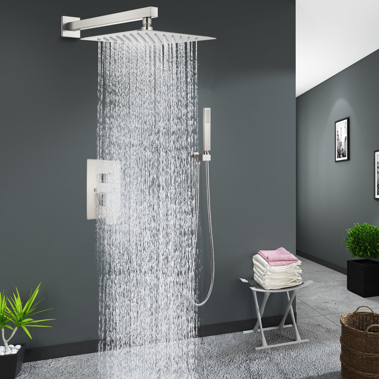 
                  
                    Midanya Rain Shower System 12 Inch Square Rainfall High Pressure Shower Head Wall Mount Shower Faucet Set with Hand Sprayer and Rough-in Valve Trim Kit Bathroom Mixer Shower Combo Set
                  
                