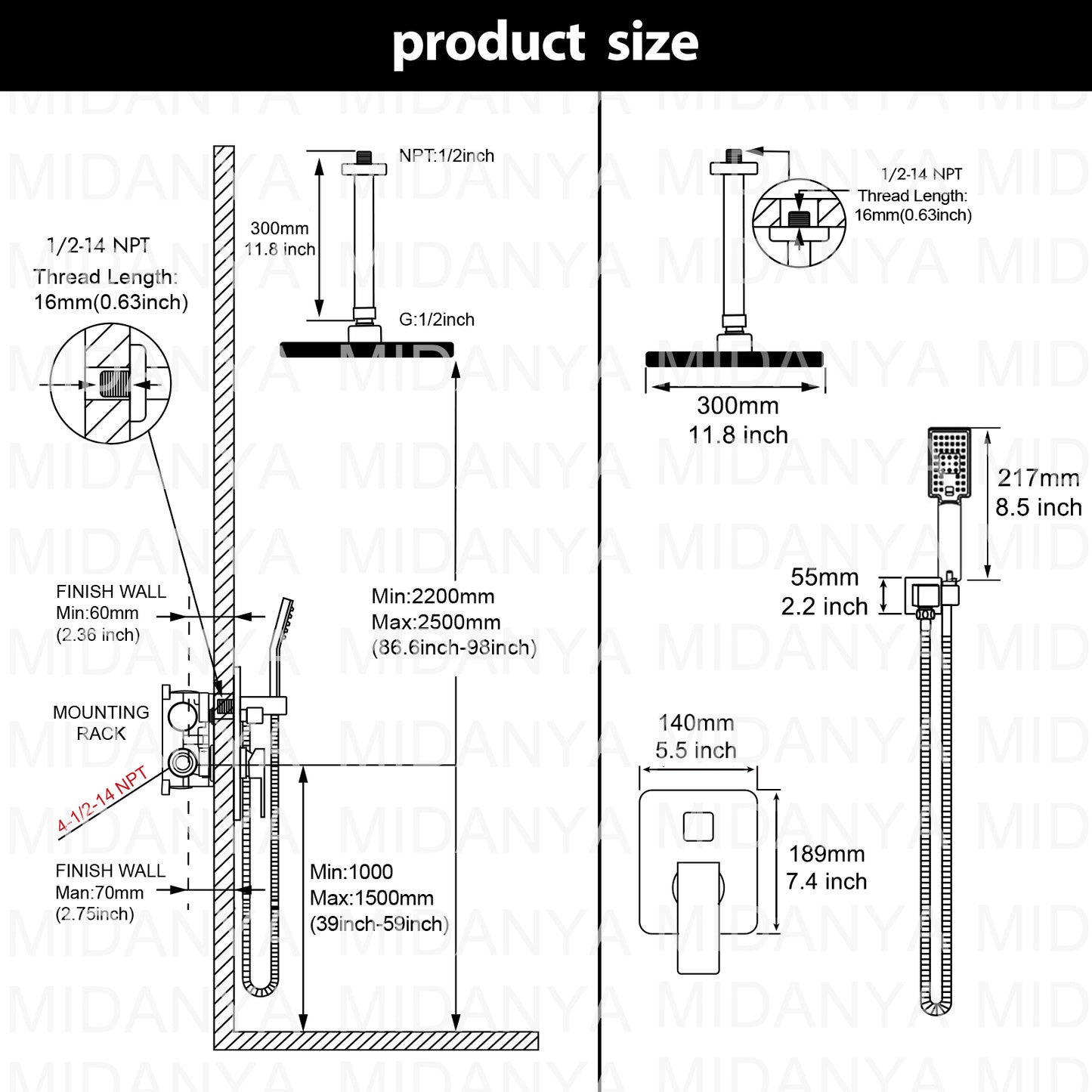
                  
                    Midanya Shower System Ceiling Mount ABS 12 Inch Rain Shower Head with 3 Functions ABS Handheld Spray Luxury High Pressure Shower Combo Set Rough-in Valve and Shower Trim Included Bathroom
                  
                