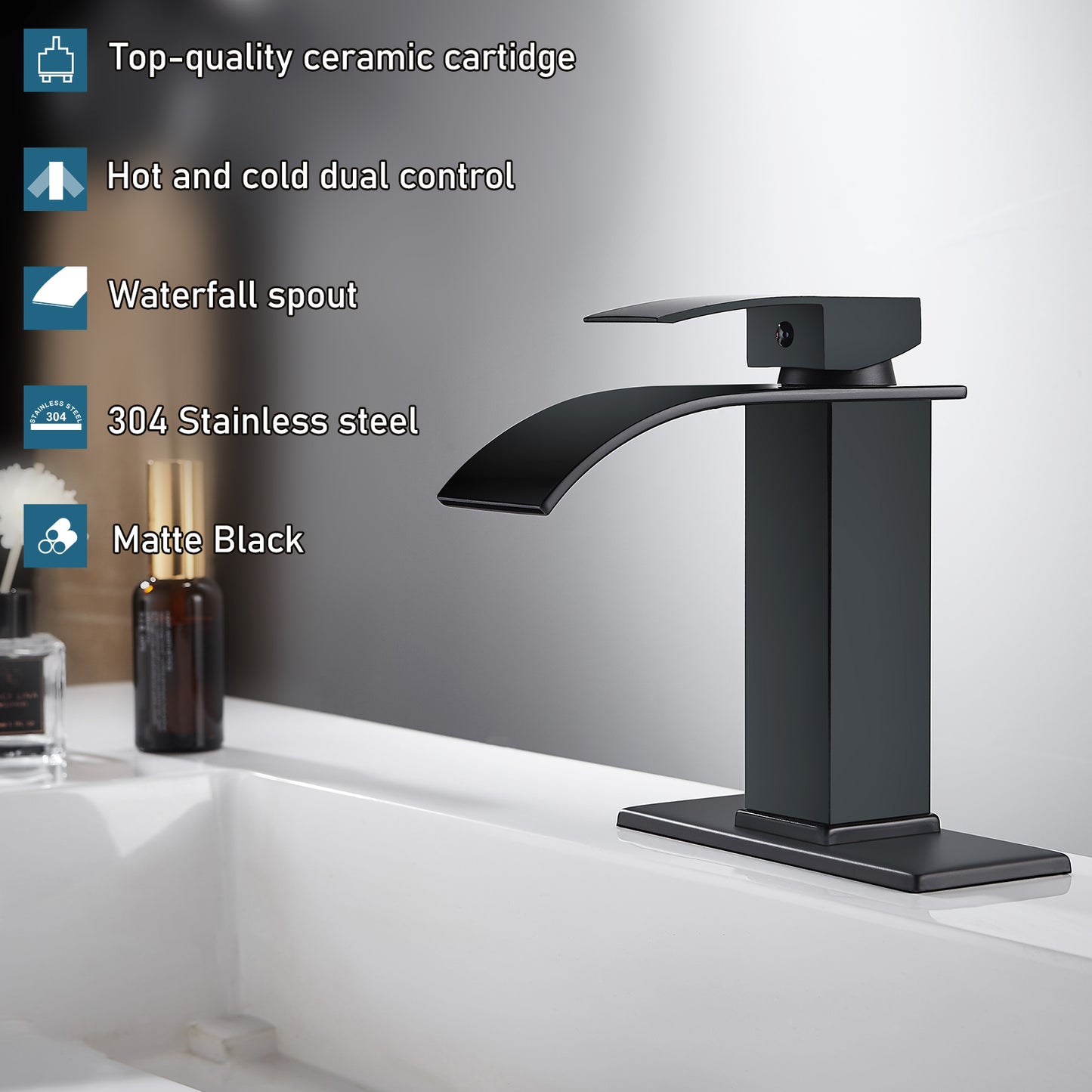 
                  
                    Midanya Bathroom Sink Faucet Waterfall Spout Single Handle 1 Hole Deck Mount Hot & Cold Water Mixer Tap Lavatory Vanity Sink Faucet Commercial with Deck Plate
                  
                