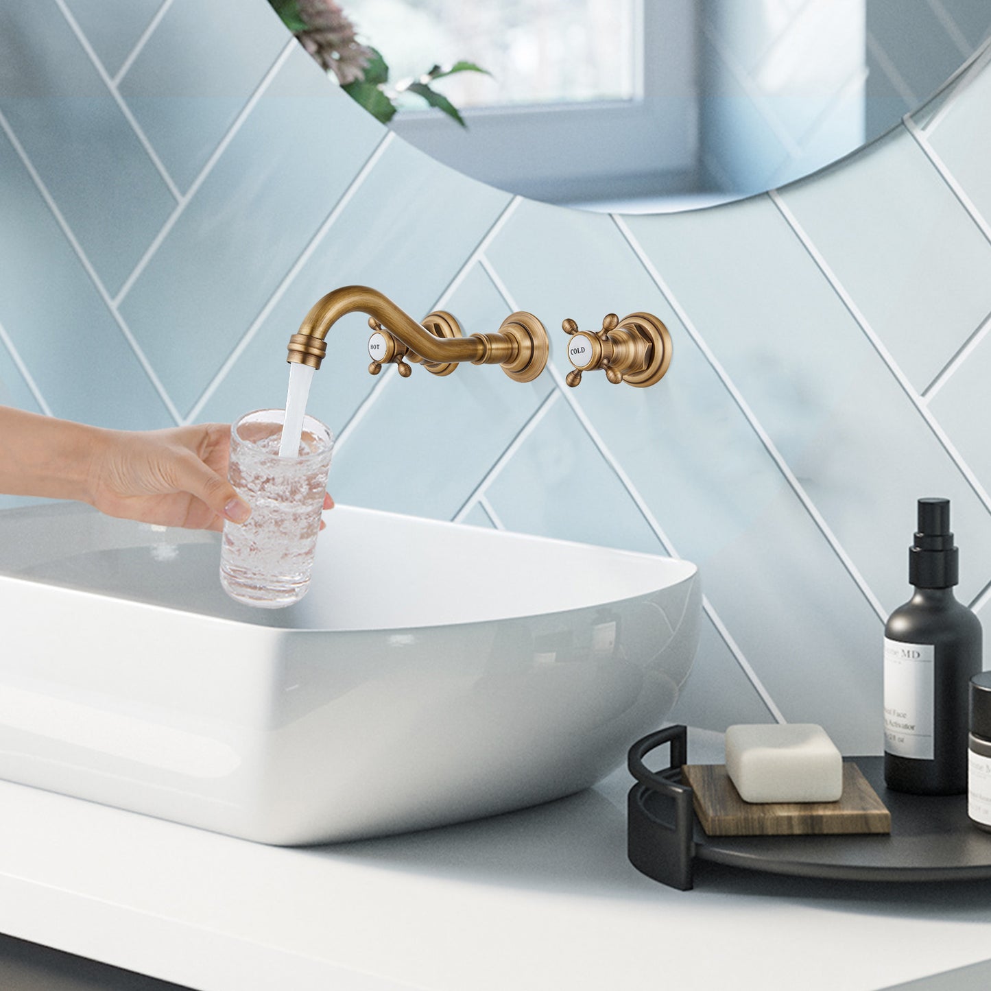 
                  
                    Midanya Bathroom Sink Faucet Widespread Wall Mount 3 Holes 2 Cross Knobs Brass Lavatory Vessel Basin Mixer Tap Mixing Spout Double Handles Commercial with Hot and Cold Signs
                  
                