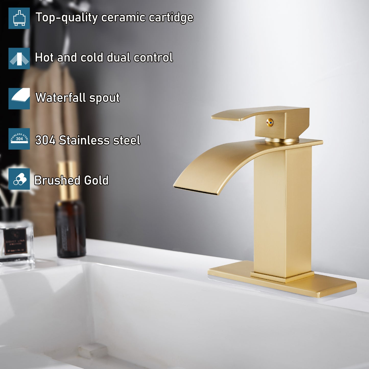 
                  
                    Midanya Bathroom Sink Faucet Waterfall Spout Single Handle 1 Hole Deck Mount Hot & Cold Water Mixer Tap Lavatory Vanity Sink Faucet Commercial with Deck Plate
                  
                