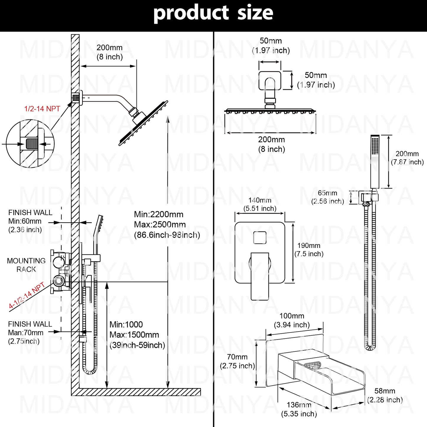 
                  
                    Midanya  Bathroom Shower System 8 Inch Rainfall Shower Head with Handheld Spary Wall Mount Tub Spout Combo Set Rough-in Valve 3 Function Mixer Shower Faucet Luxury
                  
                