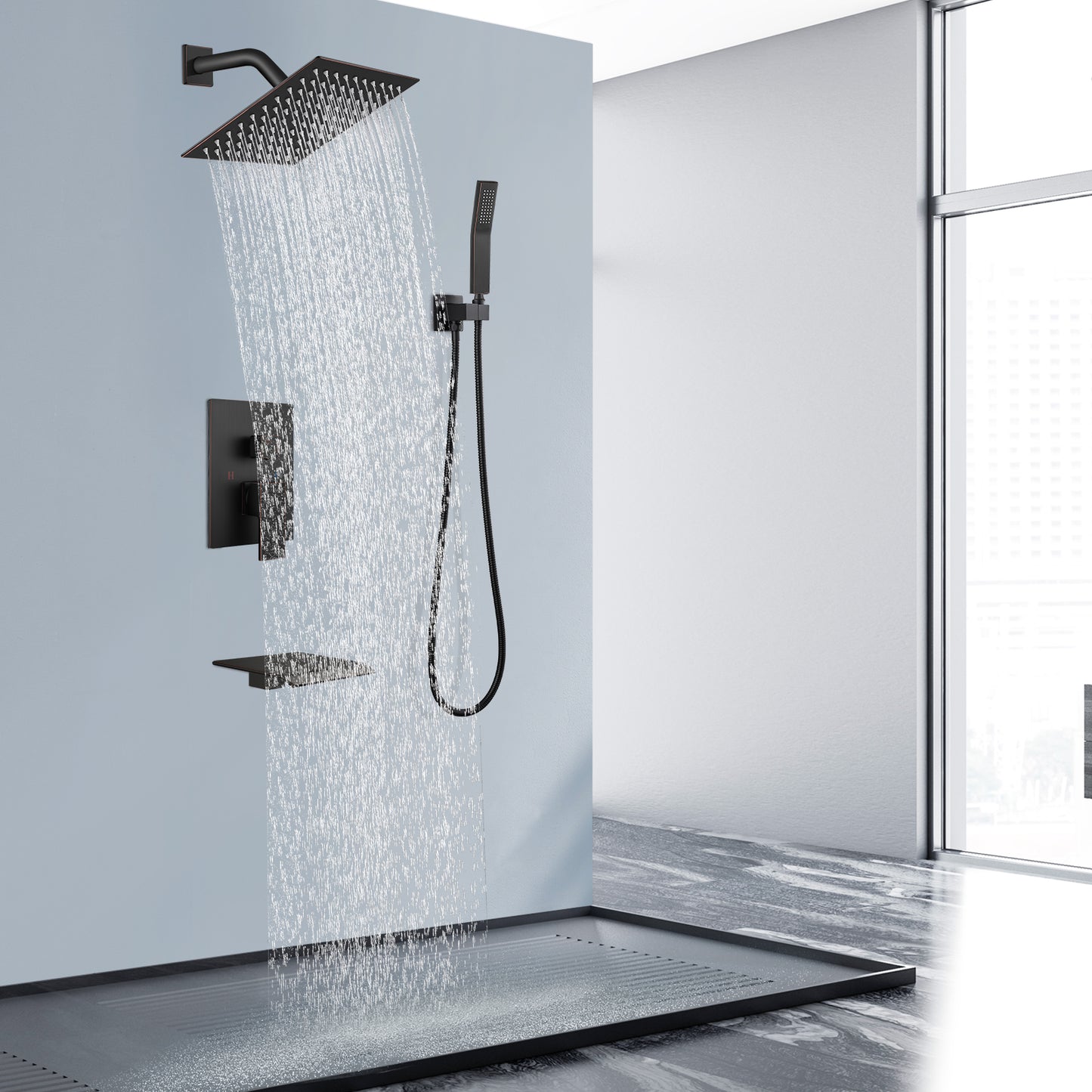 
                  
                    Midanya Rain Shower System Tub Shower Faucet Set 8 Inch Square Rainfall Shower Head with Handheld Sprayer and Waterfall Tub Spout Rough-in Valve Shower Mixer Combo
                  
                