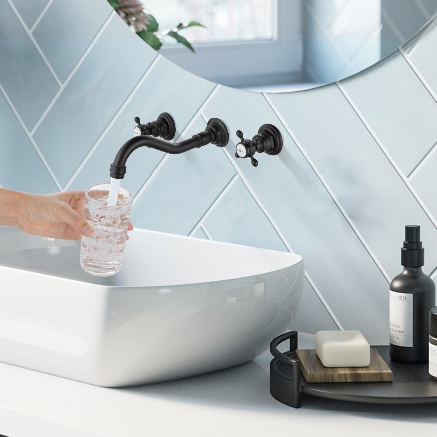 
                  
                    Midanya Bathroom Sink Faucet Widespread Wall Mount 3 Holes 2 Cross Knobs Brass Lavatory Vessel Basin Mixer Tap Mixing Spout Double Handles Commercial with Hot and Cold Signs
                  
                