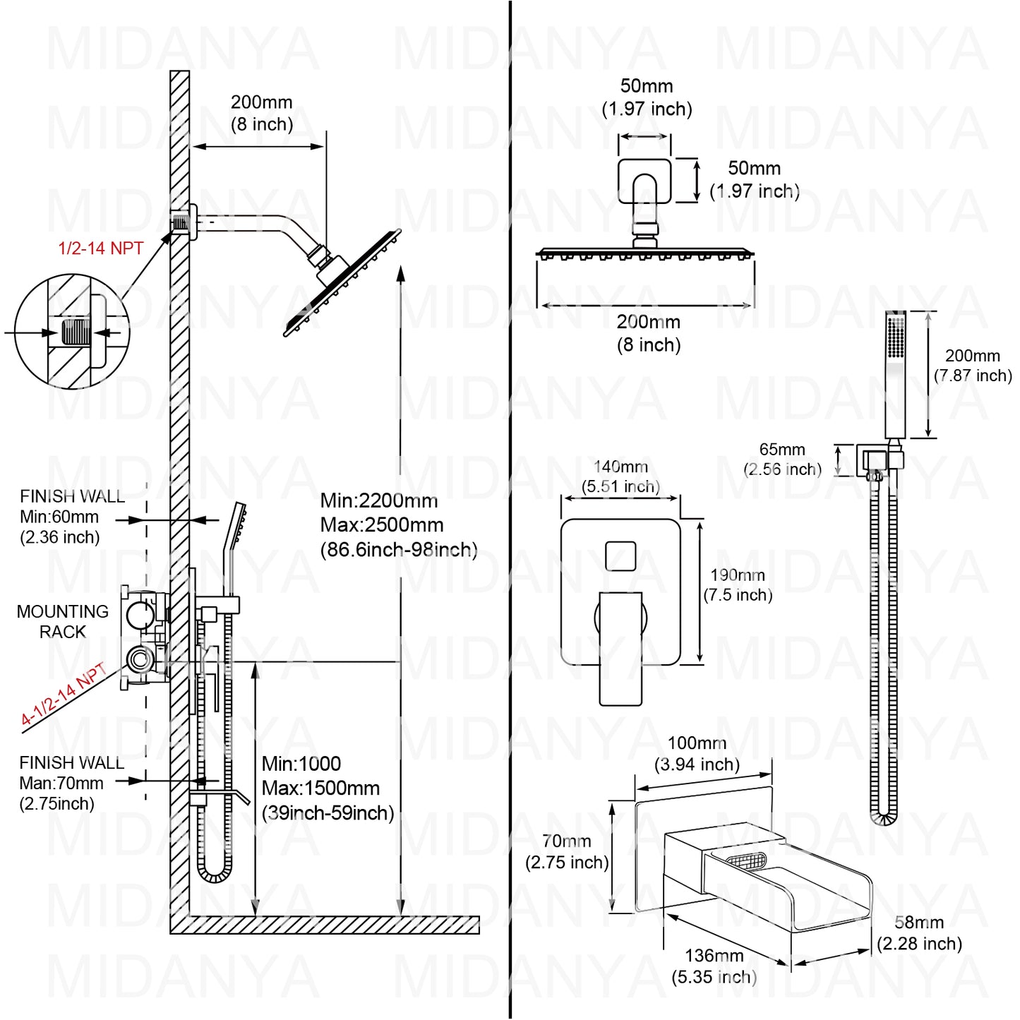 
                  
                    Midanya  Bathroom Shower System 8 Inch Rainfall Shower Head with Handheld Spary Wall Mount Tub Spout Combo Set Rough-in Valve 3 Function Mixer Shower Faucet Luxury
                  
                