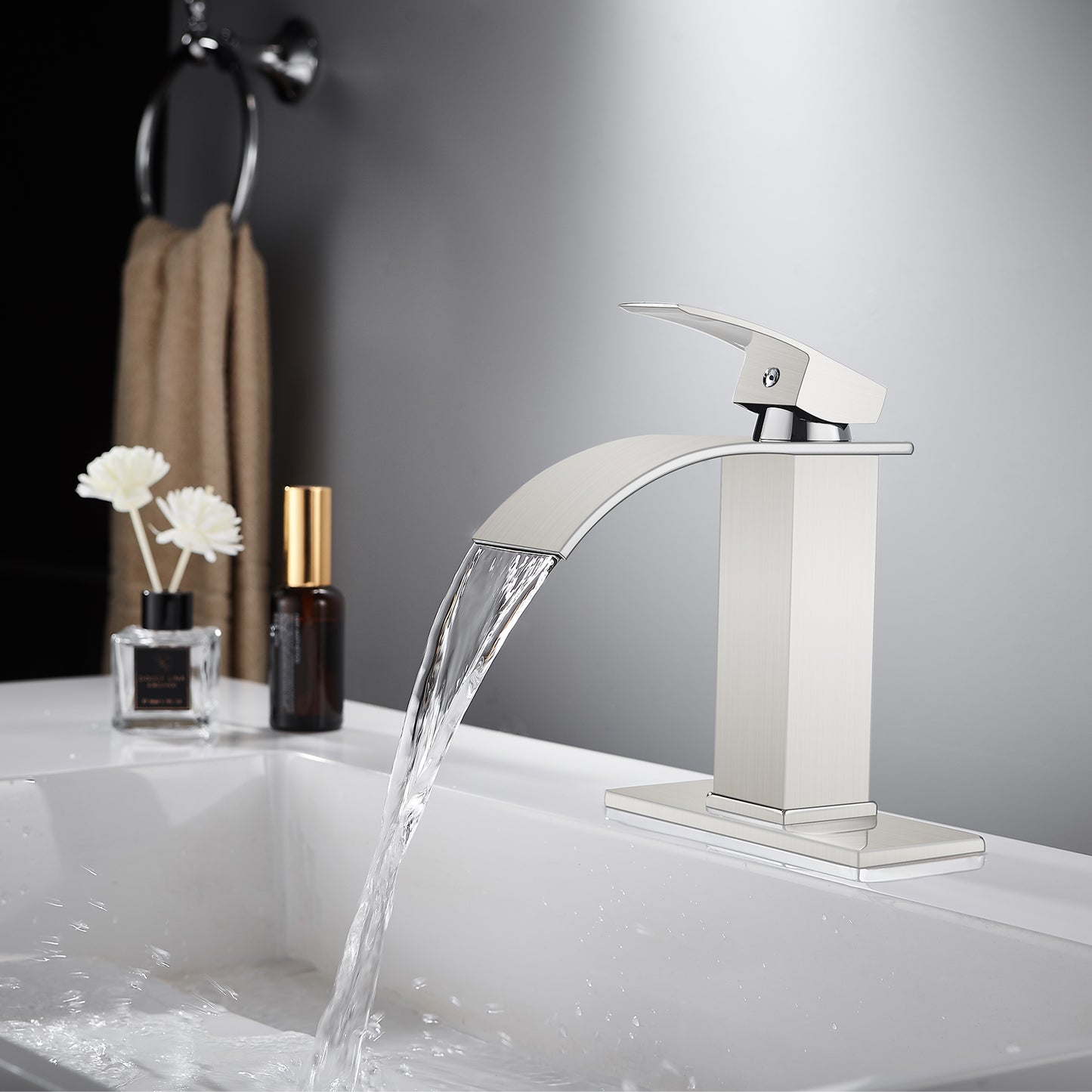 
                  
                    Midanya Bathroom Sink Faucet Waterfall Spout Single Handle 1 Hole Deck Mount Hot & Cold Water Mixer Tap Lavatory Vanity Sink Faucet Commercial with Deck Plate
                  
                