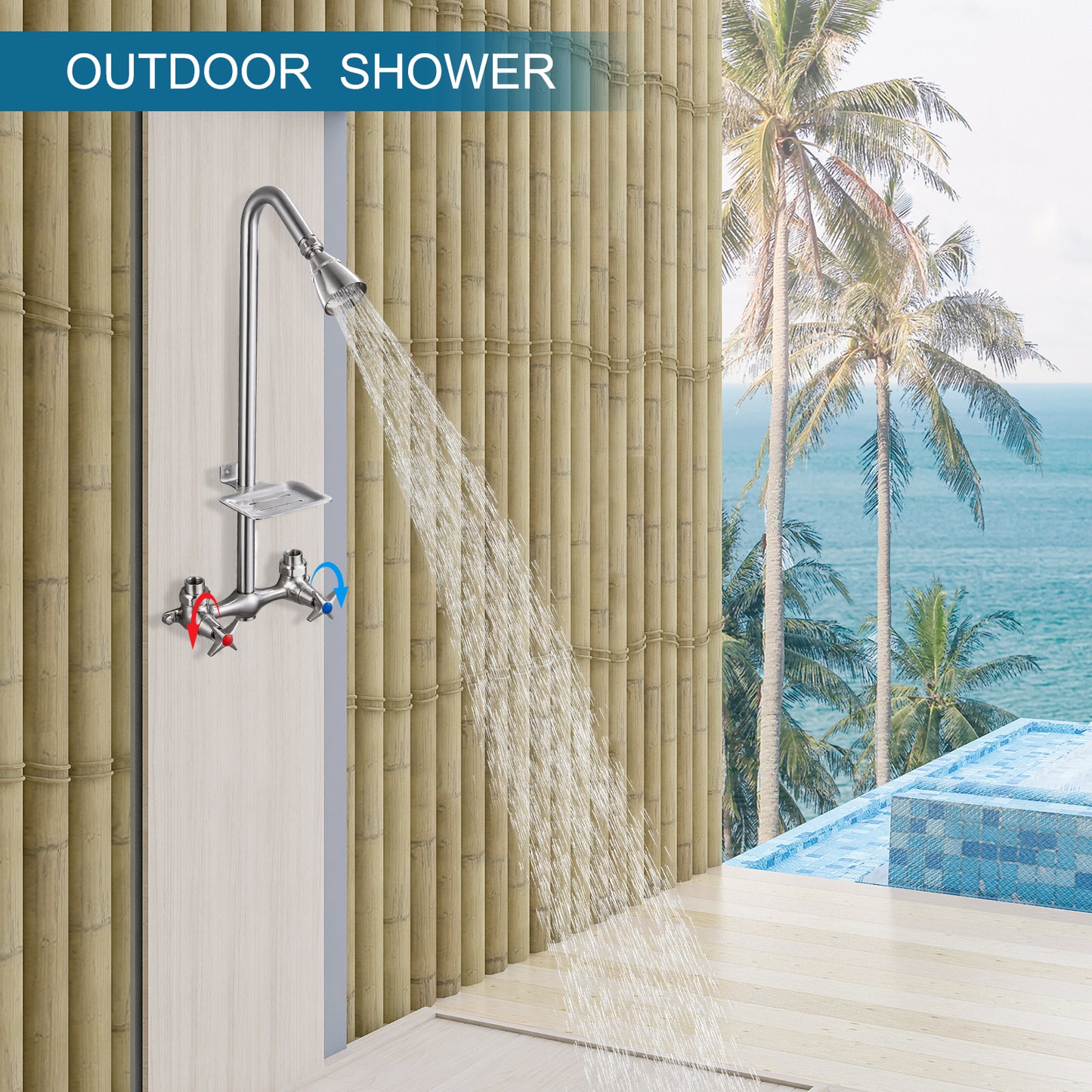 
                  
                    Outdoor Shower Fixtures Faucet Kit Wall Mounted with Dual Cross Handles Brass Mix Valve Adjustable Utility Shower Head Exposed Shower System with Soap Dish
                  
                