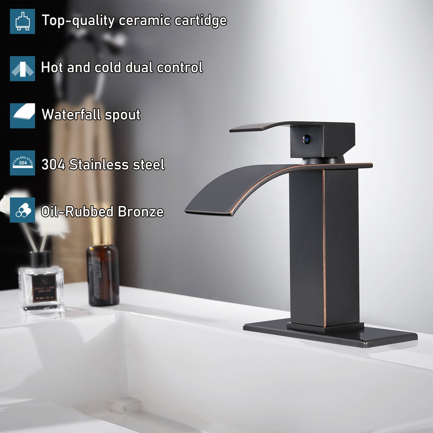 
                  
                    Midanya Bathroom Sink Faucet Waterfall Spout Single Handle 1 Hole Deck Mount Hot & Cold Water Mixer Tap Lavatory Vanity Sink Faucet Commercial with Deck Plate
                  
                
