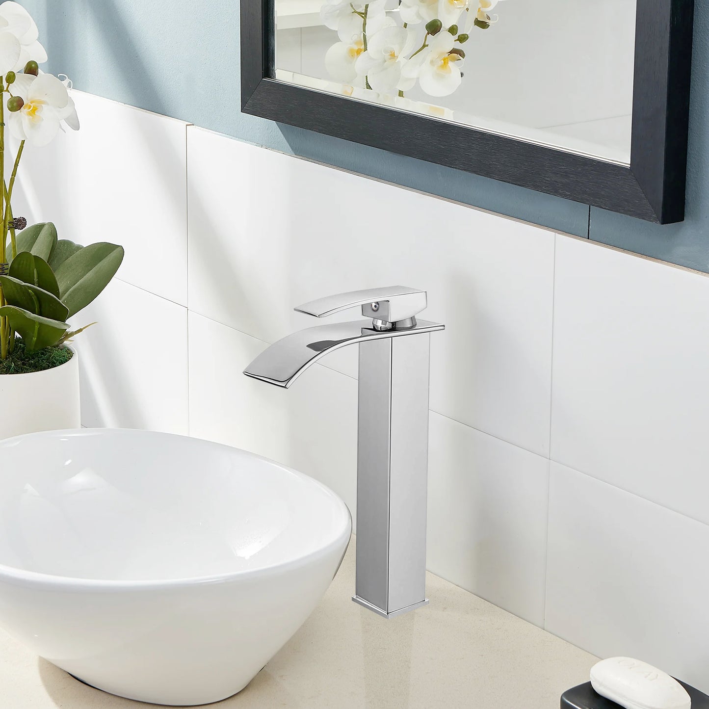 
                  
                    Midanya Waterfall Bathroom Bowl Vessel Sink Faucet Tall Single Handle Single Hole Deck Mount Mixer Tap with Large Rectangular Spout Sink Faucet Lavatory Vanity
                  
                