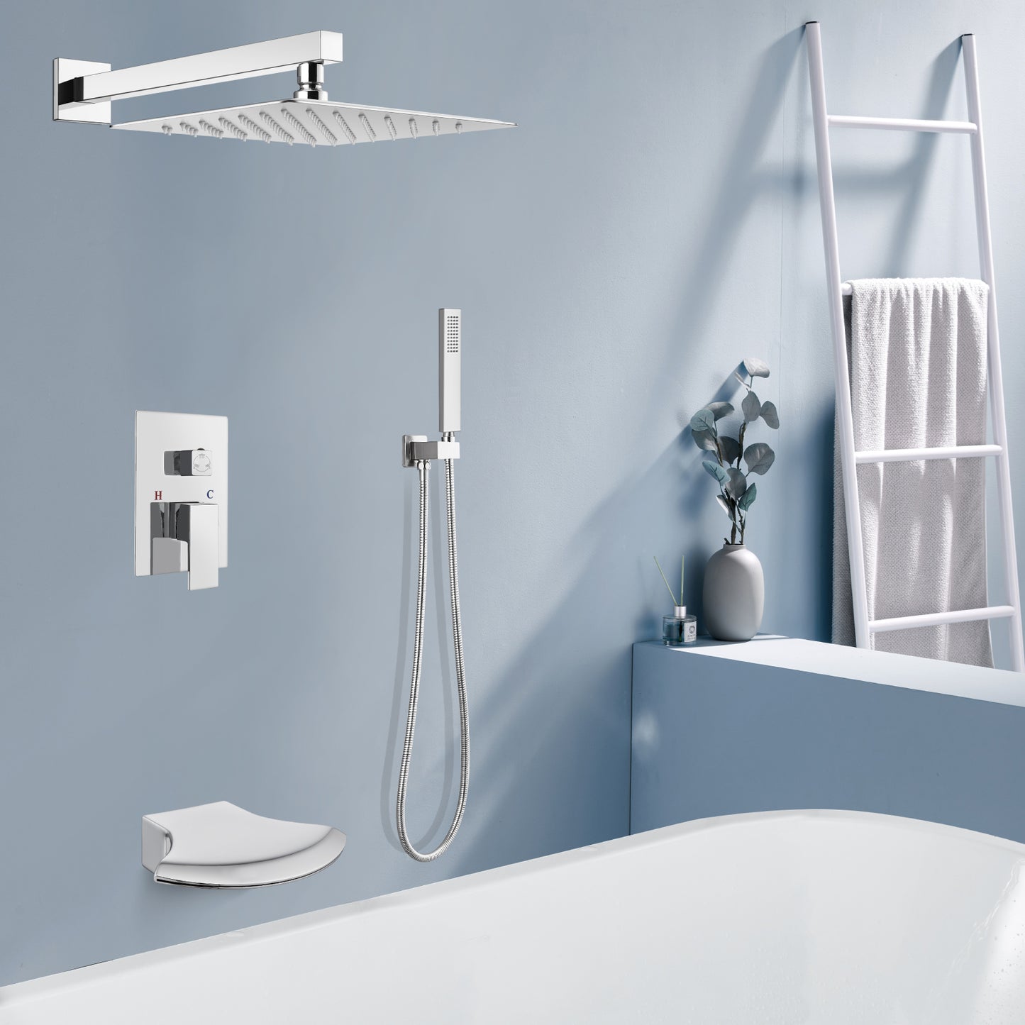 
                  
                    Midanya Rain Shower System 12 Inch Tub Shower Faucet Set Square Rainfall Shower Head with Handheld Sprayer and Waterfall Tub Spout Wall Mount Rough-in Valve 3-Function Mixer Combo
                  
                