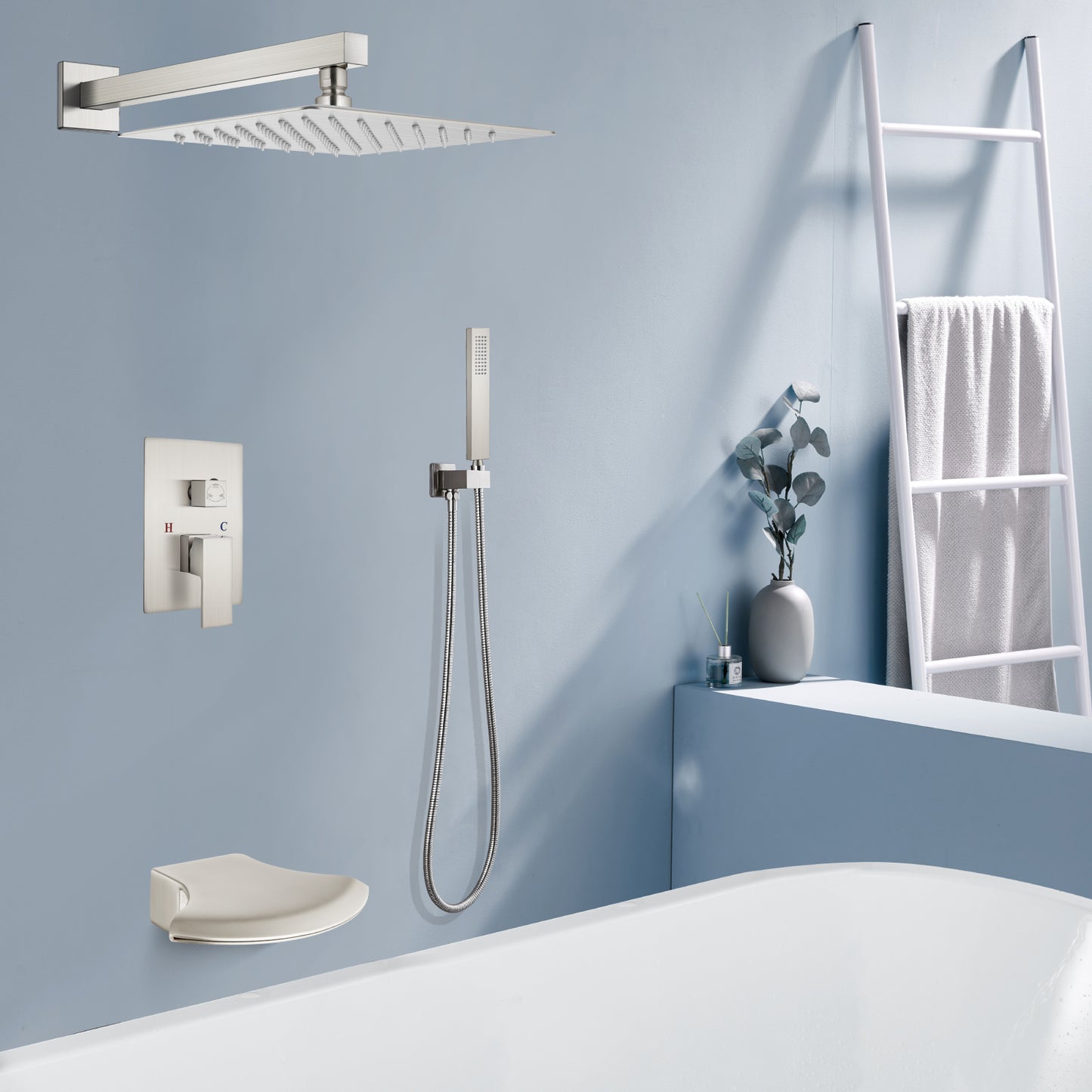 
                  
                    Midanya Rain Shower System 12 Inch Tub Shower Faucet Set Square Rainfall Shower Head with Handheld Sprayer and Waterfall Tub Spout Wall Mount Rough-in Valve 3-Function Mixer Combo
                  
                