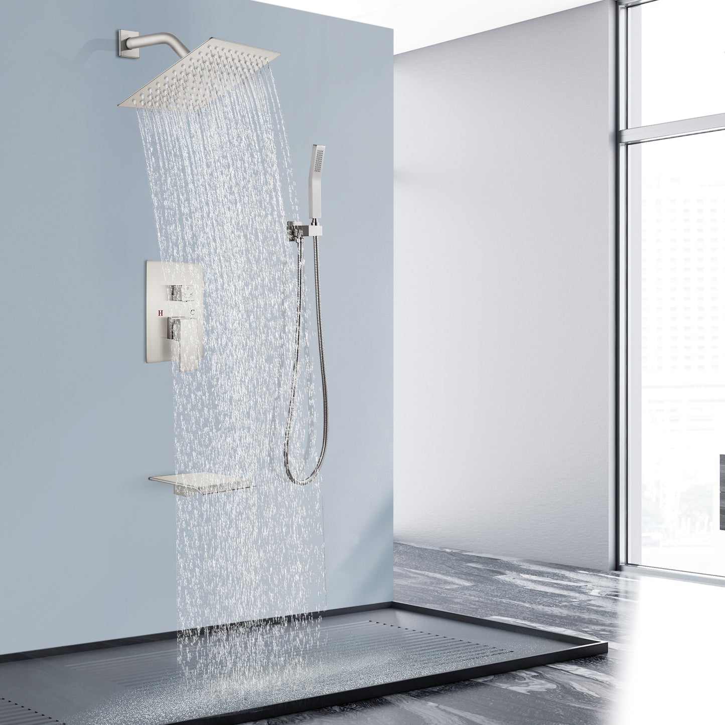 
                  
                    Midanya Rain Shower System Tub Shower Faucet Set 8 Inch Square Rainfall Shower Head with Handheld Sprayer and Waterfall Tub Spout Rough-in Valve Shower Mixer Combo
                  
                