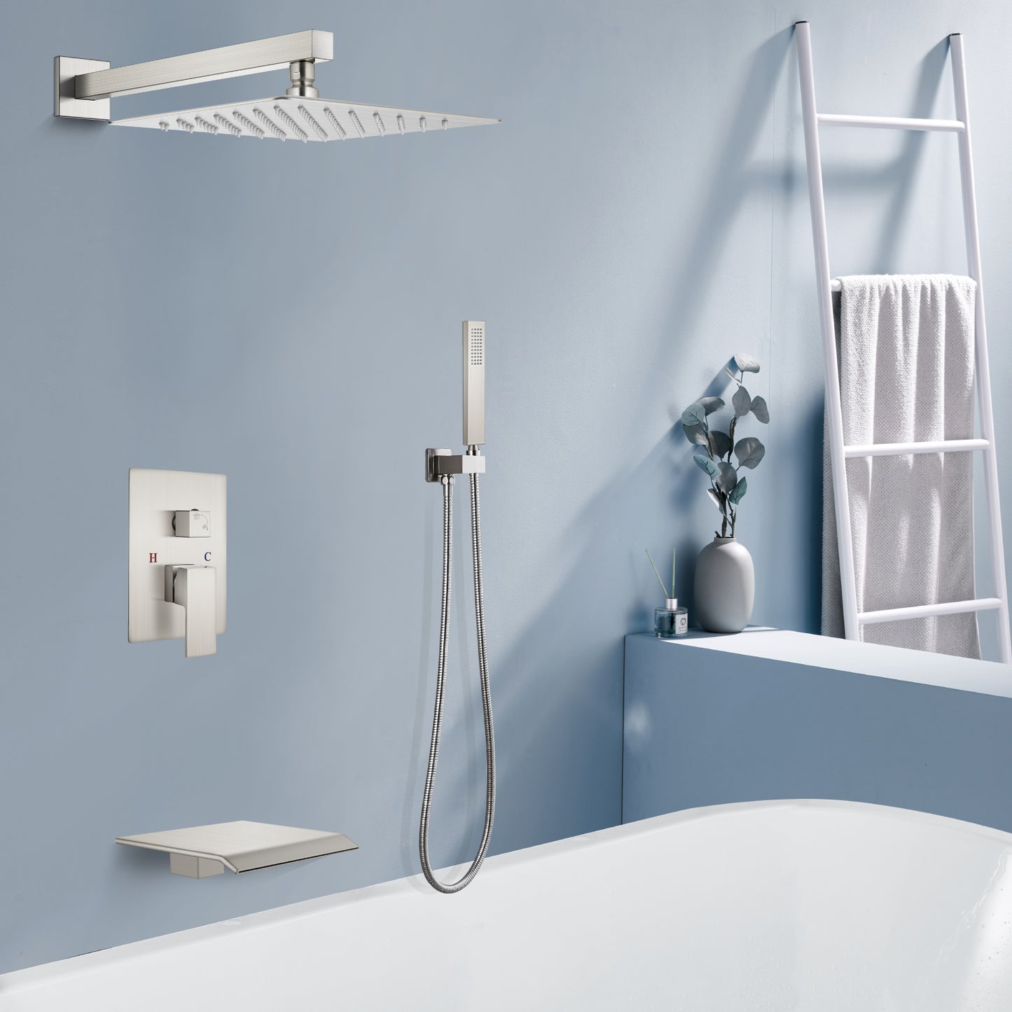 
                  
                    Midanya Rain Shower System Tub Shower Faucet Set 10 Inch Square Rainfall High Pressure Shower Head with Handheld Sprayer and Waterfall Tub Spout Rough-in Valve Shower Mixer Combo
                  
                