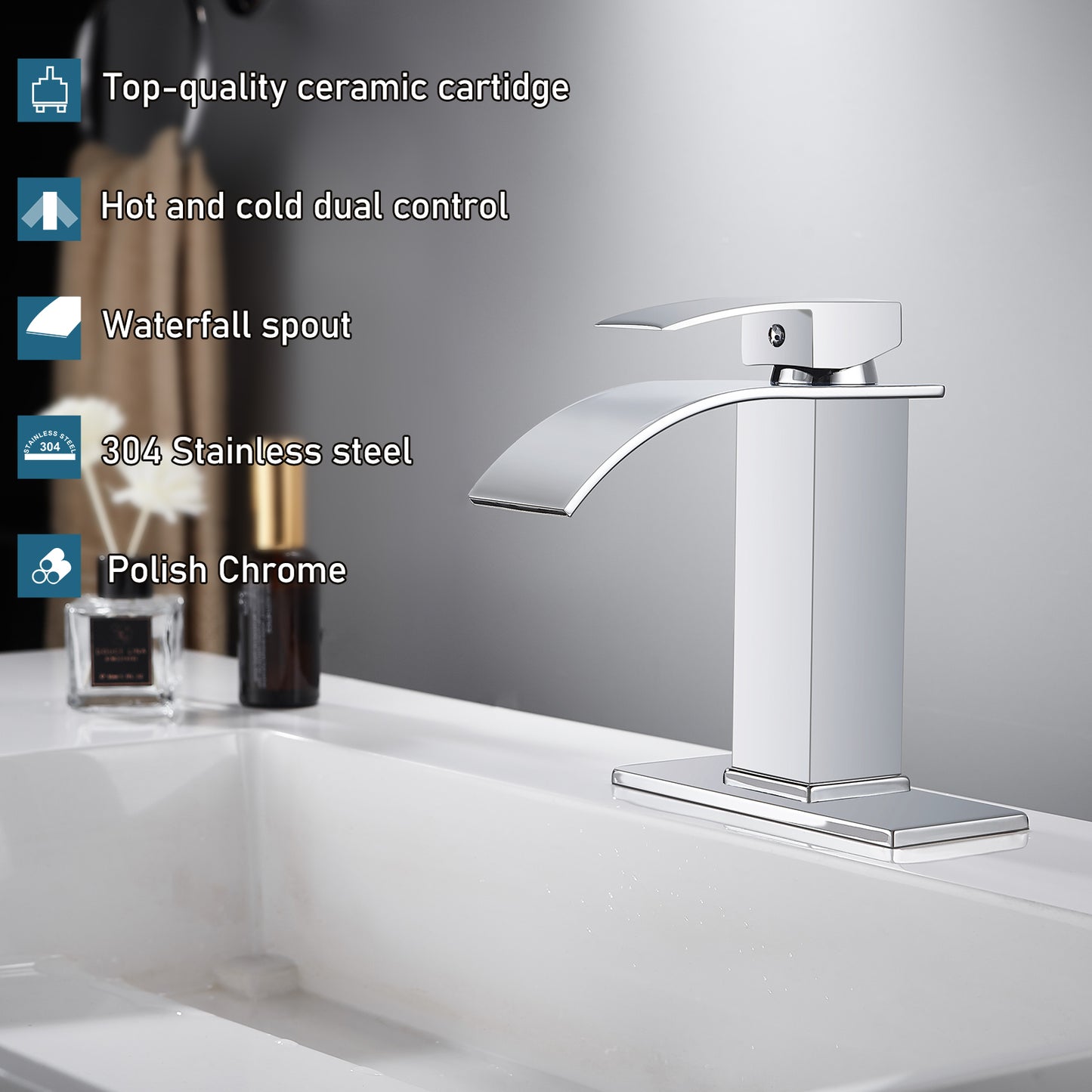 
                  
                    Midanya Bathroom Sink Faucet Waterfall Spout Single Handle 1 Hole Deck Mount Hot & Cold Water Mixer Tap Lavatory Vanity Sink Faucet Commercial with Deck Plate
                  
                