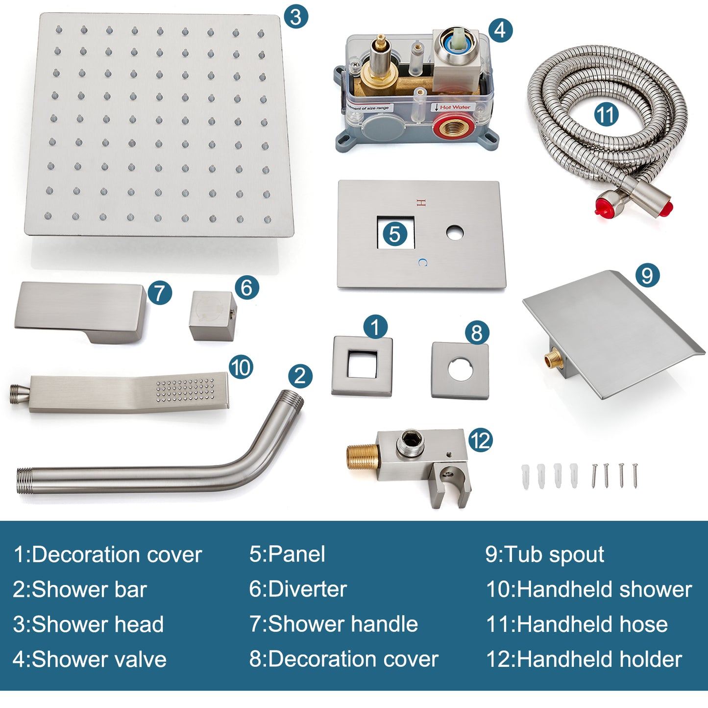 
                  
                    Midanya Rain Shower System Tub Shower Faucet Set 8 Inch Square Rainfall Shower Head with Handheld Sprayer and Waterfall Tub Spout Rough-in Valve Shower Mixer Combo
                  
                